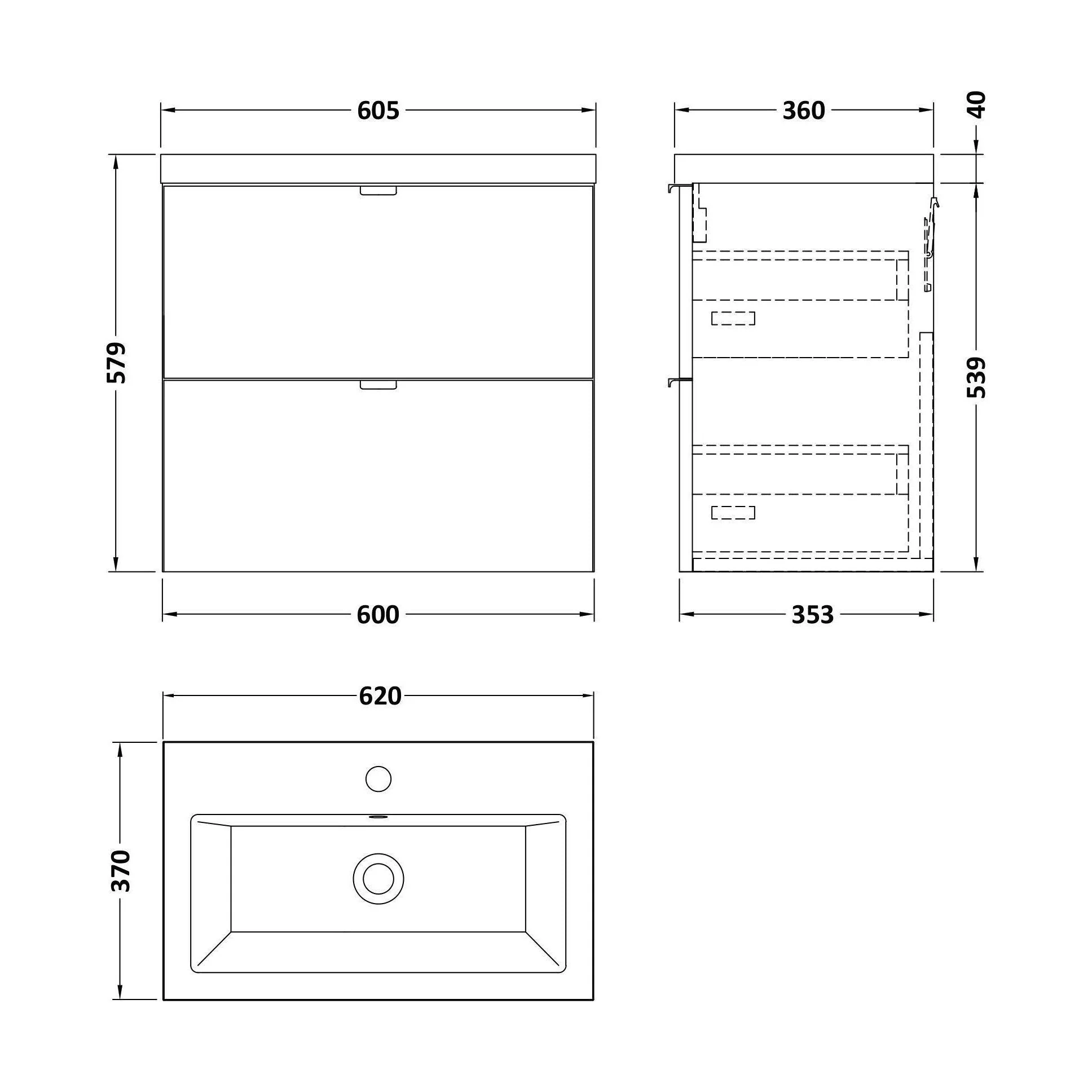 Alrewas Contemporary 2 Drawer Wall Hung Vanity Unit with Basin, Bleached Oak, 600mm - Image 2