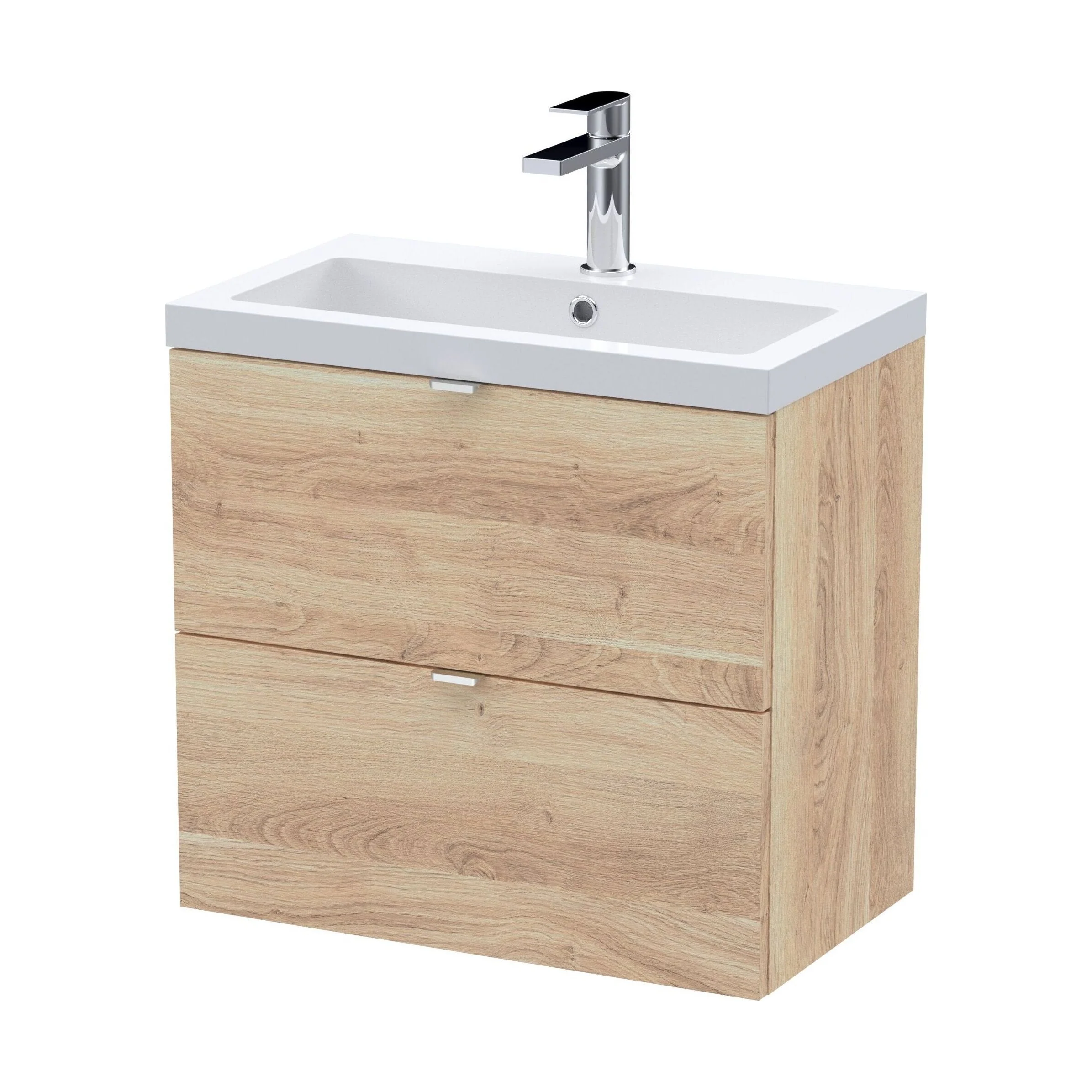Alrewas Contemporary 2 Drawer Wall Hung Vanity Unit with Basin, Bleached Oak, 600mm