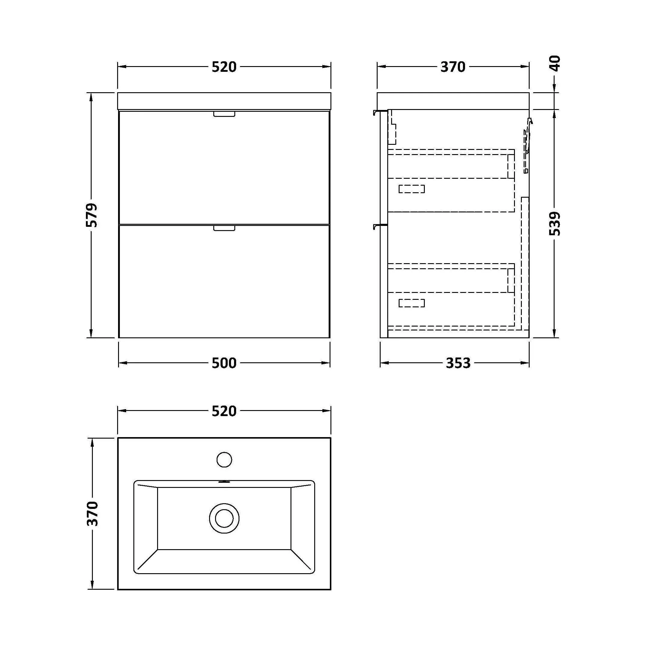 Alrewas Contemporary 2 Drawer Wall Hung Vanity Unit with Basin, Charcoal Black, 500mm - Image 2
