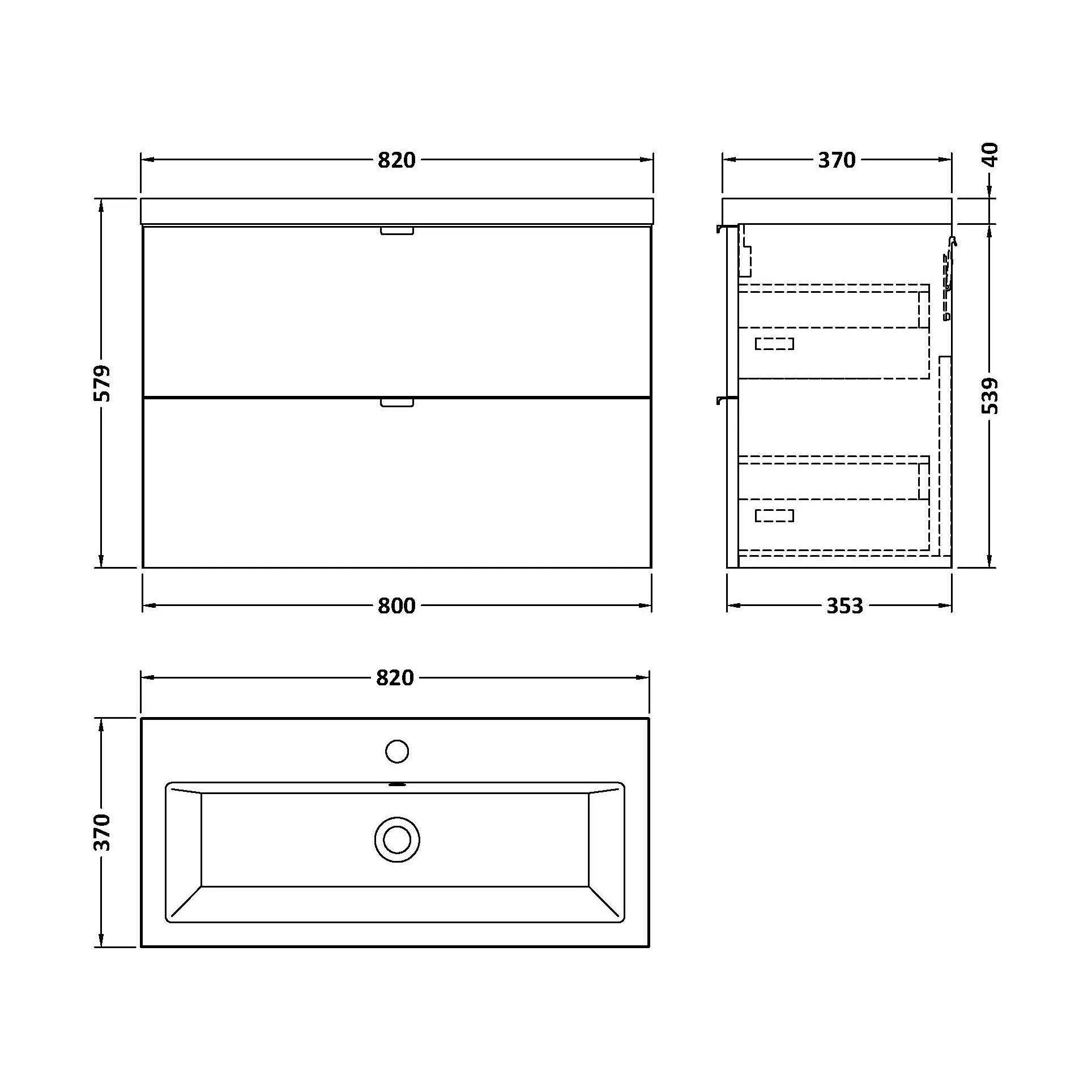 Alrewas Contemporary 2 Drawer Wall Hung Vanity Unit with Basin, Charcoal Black, 800mm - Image 2