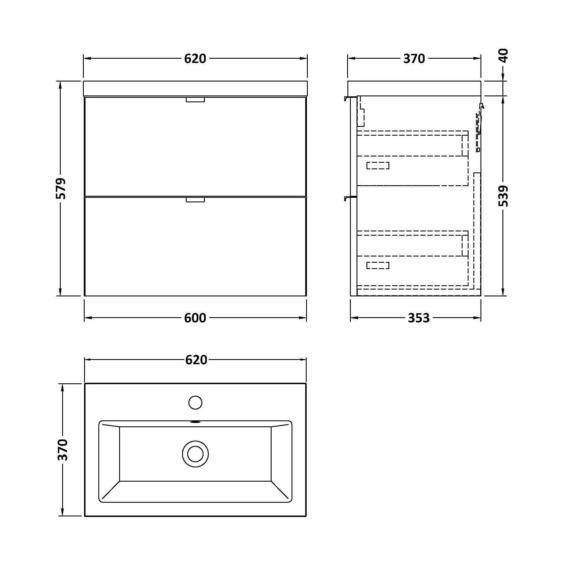 Alrewas Contemporary 2 Drawer Wall Hung Vanity Unit with Basin, Gloss White, 600mm - Image 2