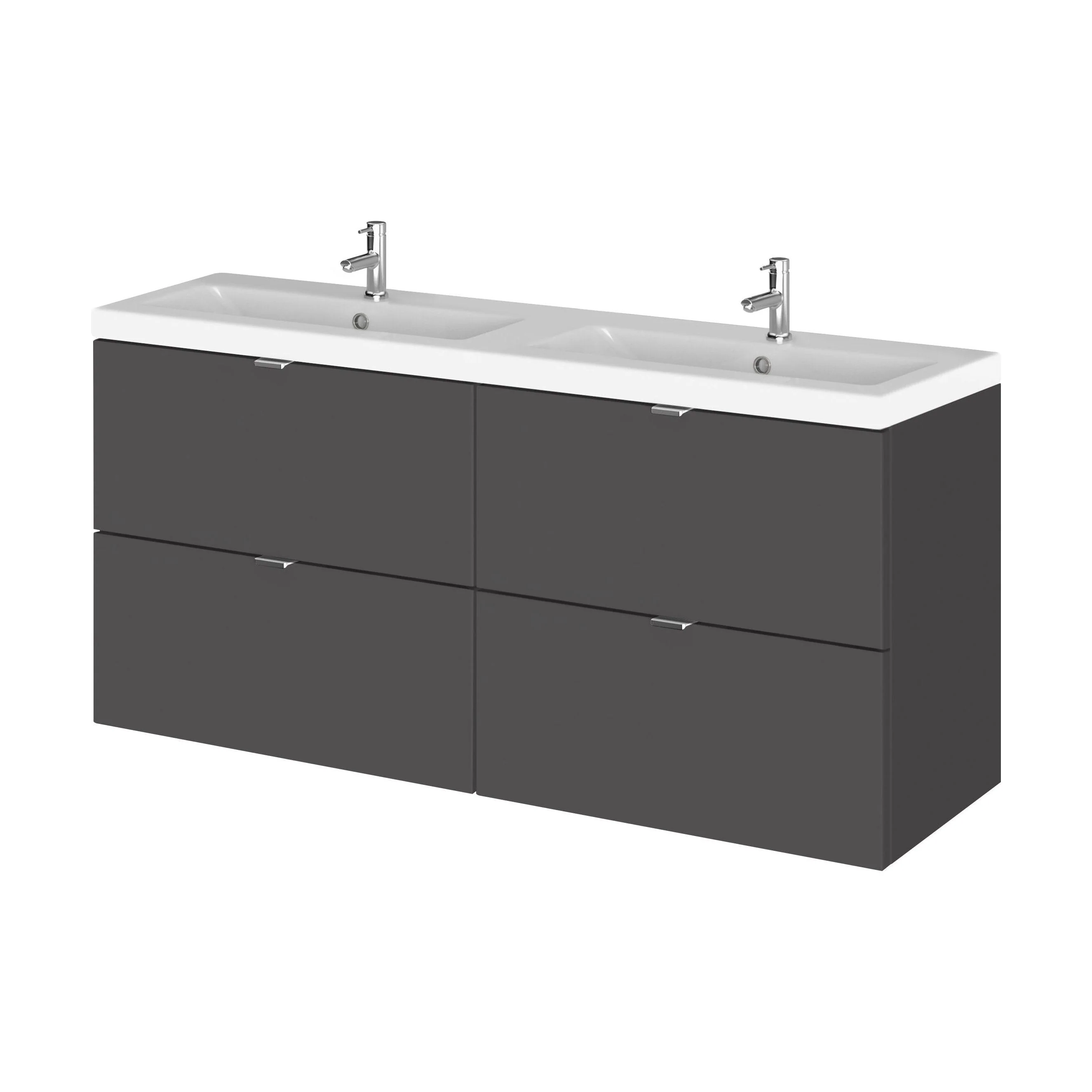 Alrewas Contemporary 4 Drawer Wall Hung Vanity Unit with Basin, Gloss Grey, 1200mm