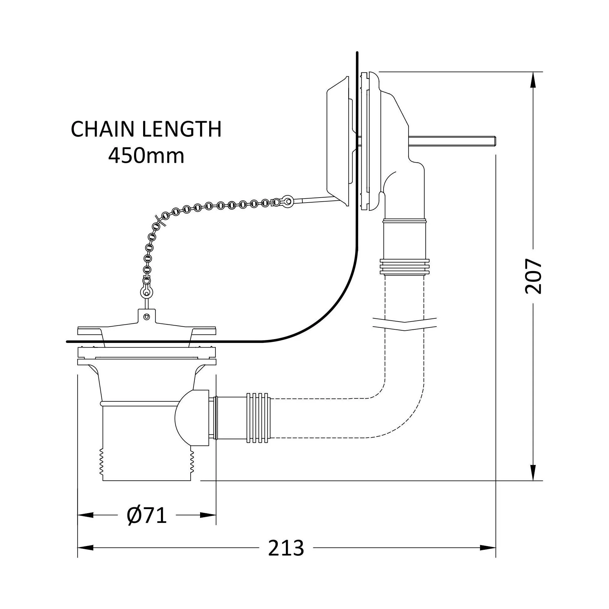 Balterley Round Bath Waste with Overflow, Brass Plug and Ball Chain, for Baths up to 20mm - Chrome - Image 2