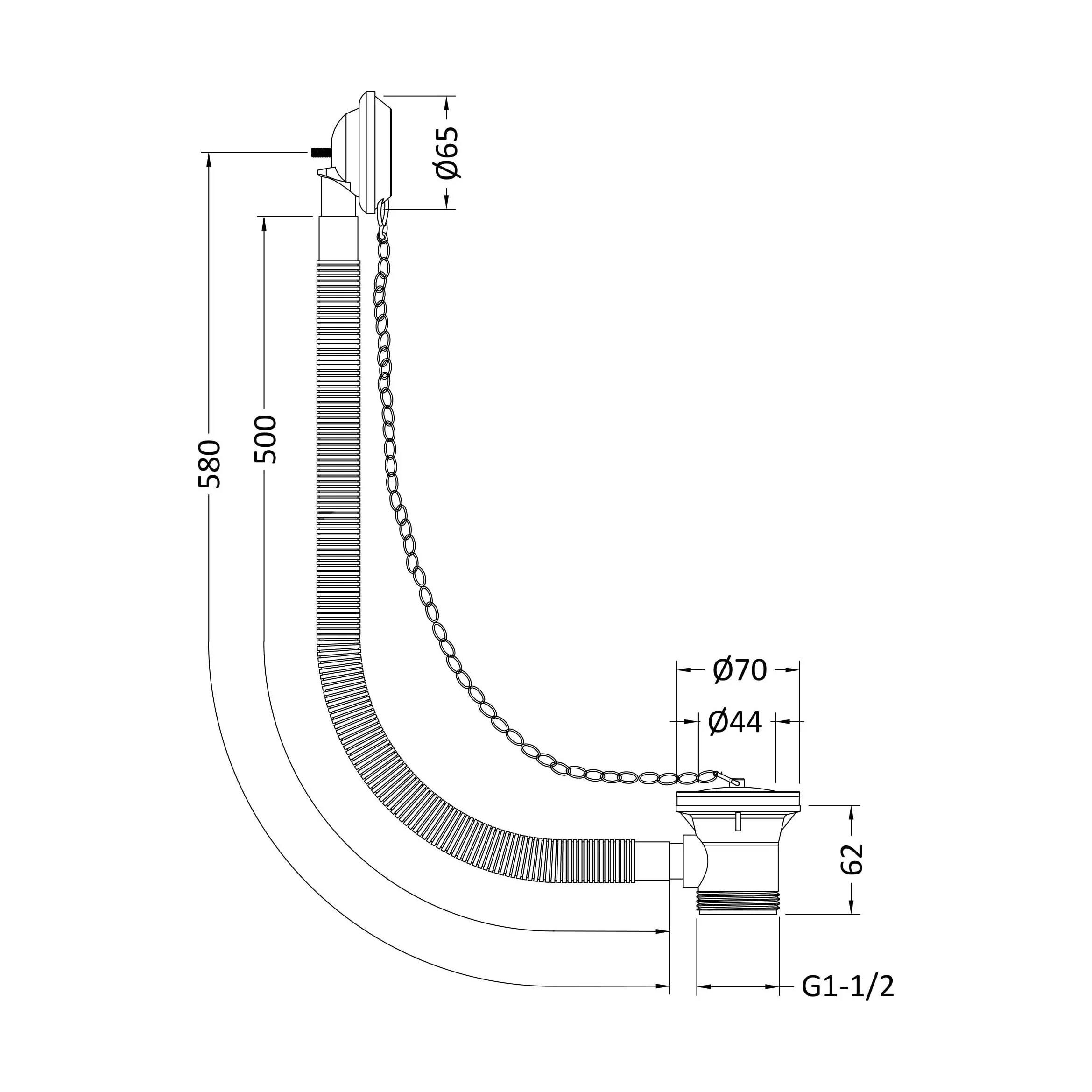 Balterley Round Bath Waste with Overflow, Brass Plug and Link Chain, for Baths up to 20mm - Chrome - Image 2