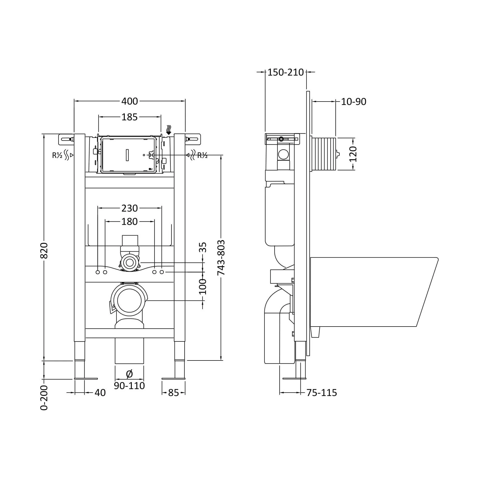 Balterley Modern Mid Height Dual Flush Concealed Wall Hung Toilet Cistern with Frame and Square Push Plate - Chrome - Image 2