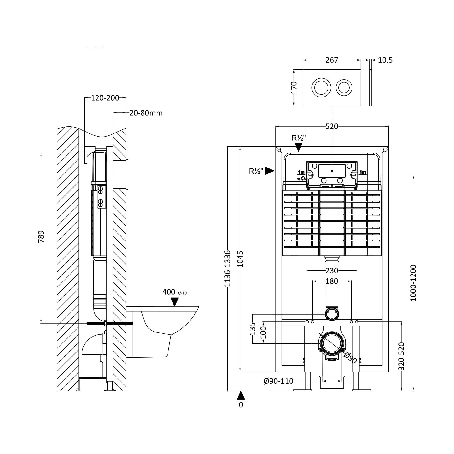 Balterley Modern Round Dual Flush Concealed Cistern with Wall Hung Frame and Round Push Button Plate - Chrome - Image 2