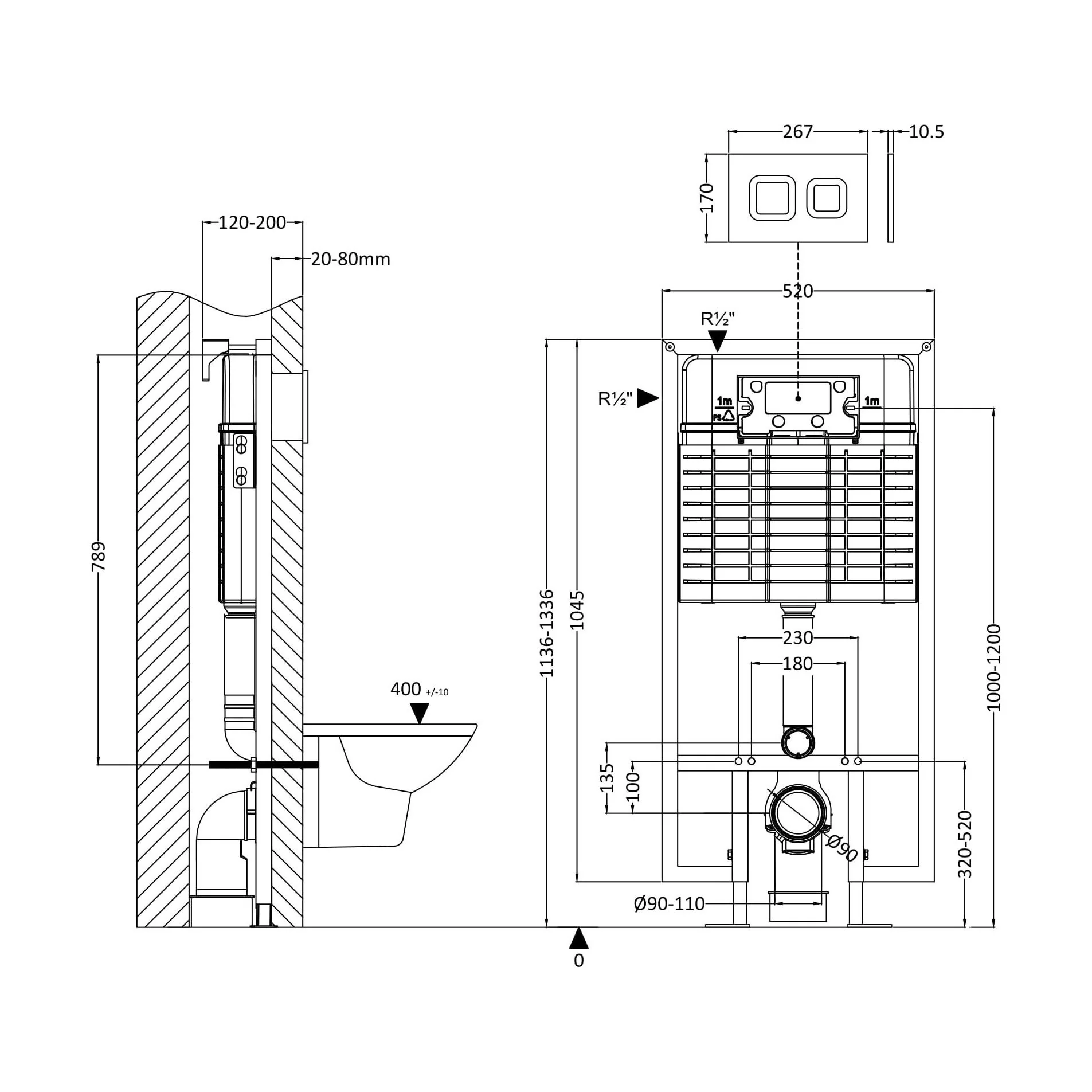 Balterley Round Dual Flush Concealed Cistern with Wall Hung Frame and Square Push Button Plate - Chrome - Image 2