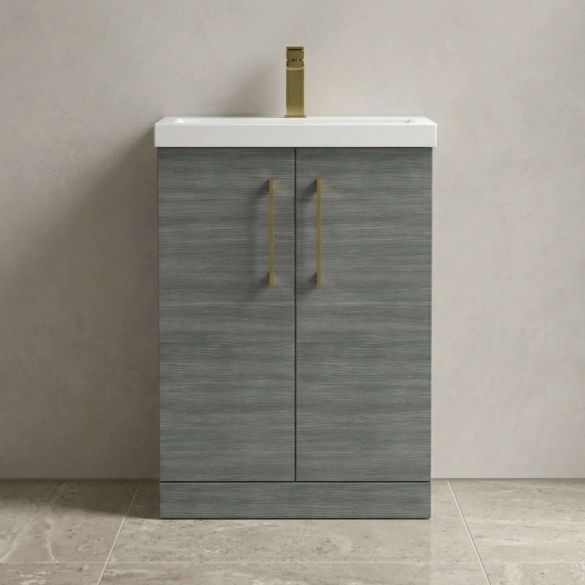 Balterley Level Contemporary Bathroom Floor Standing 2-Door Vanity Unit & Mid-Edge Basin, Anthracite Woodgrain, 600mm