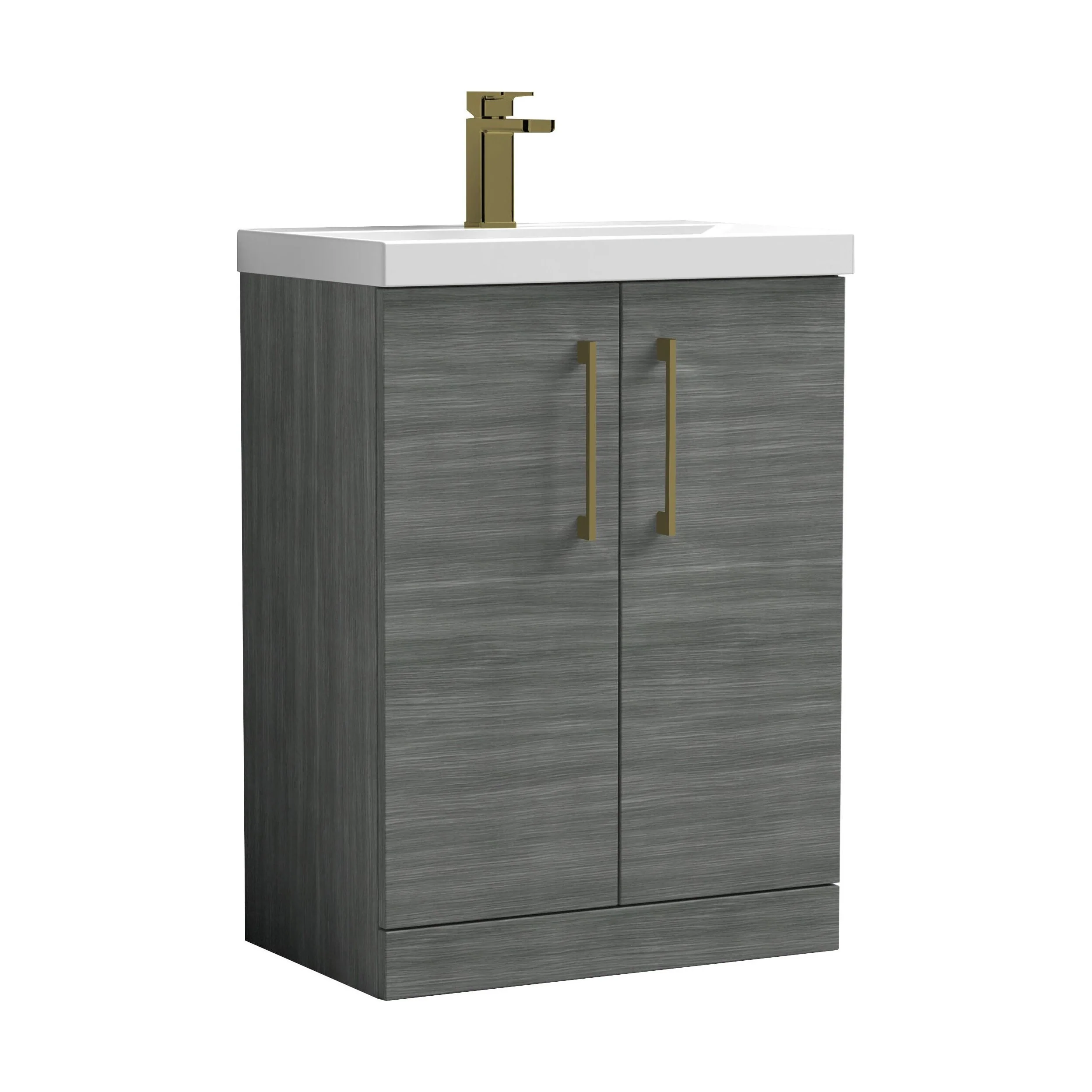 Balterley Level Contemporary Bathroom Floor Standing 2-Door Vanity Unit & Mid-Edge Basin, Anthracite Woodgrain, 600mm - Image 2