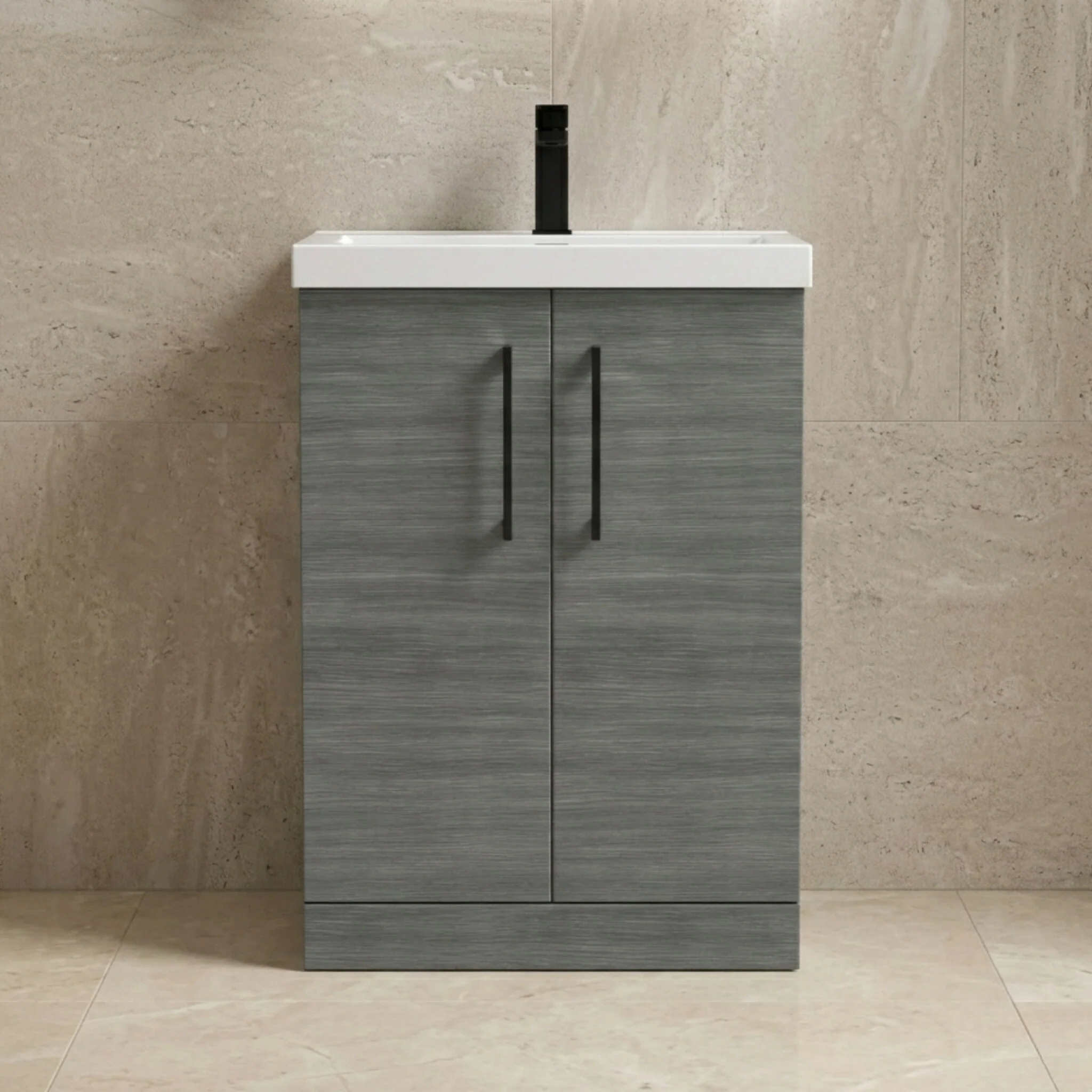 Balterley Level Contemporary Bathroom Floor Standing 2-Door Vanity Unit & Mid-Edge Basin, Anthracite Woodgrain, 600mm