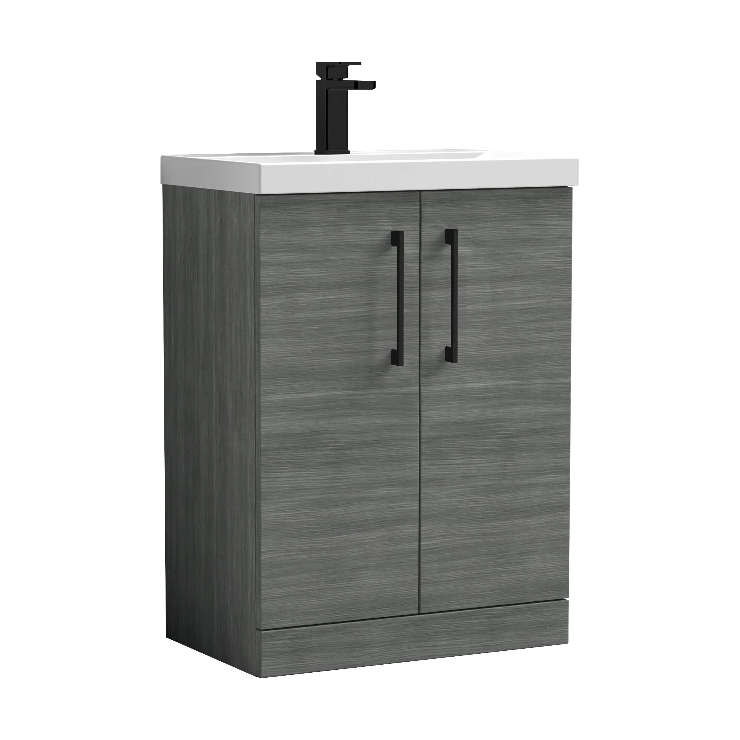 Balterley Level Contemporary Bathroom Floor Standing 2-Door Vanity Unit & Mid-Edge Basin, Anthracite Woodgrain, 600mm - Image 2
