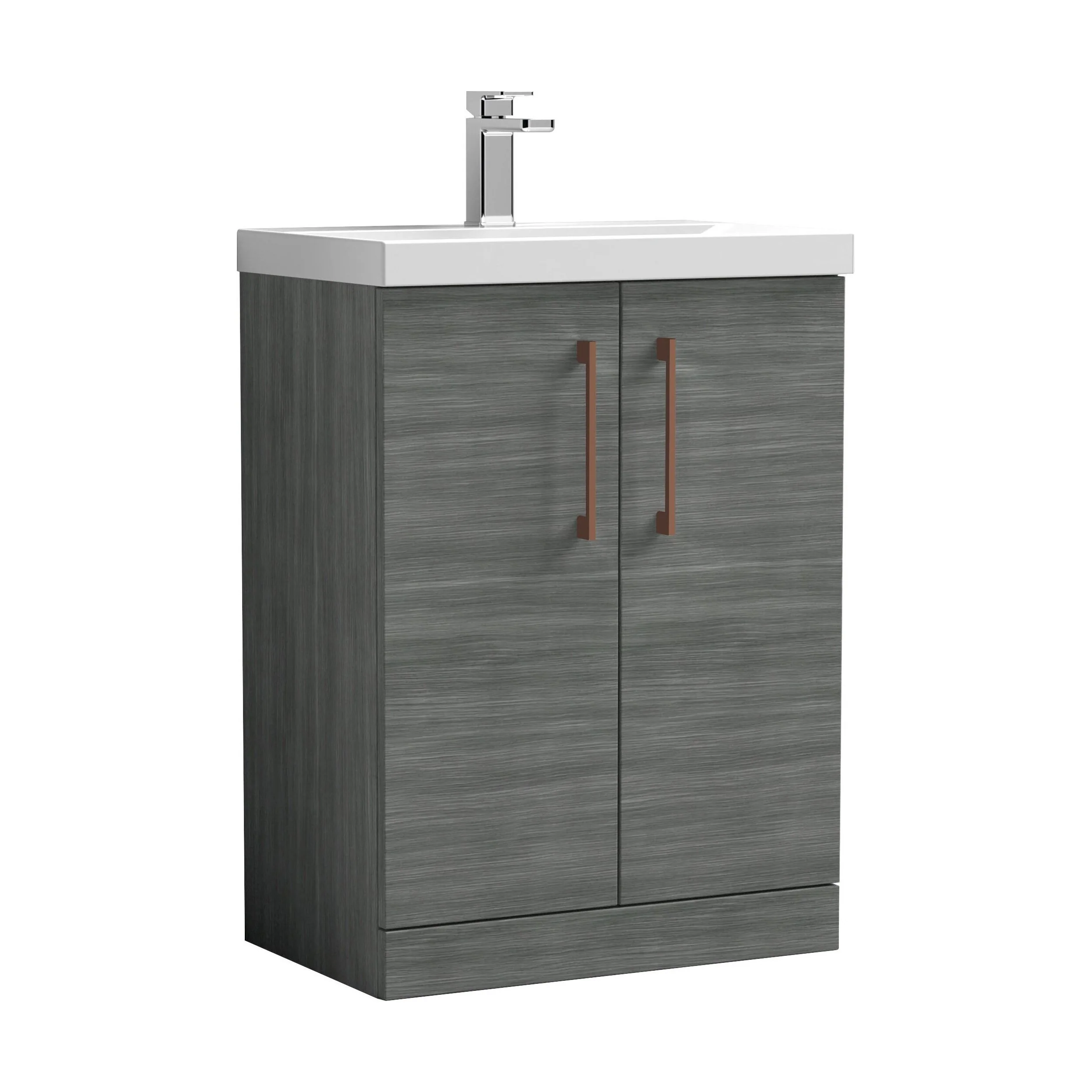 Balterley Level Contemporary Bathroom Floor Standing 2-Door Vanity Unit & Mid-Edge Basin, Anthracite Woodgrain, 600mm - Image 2