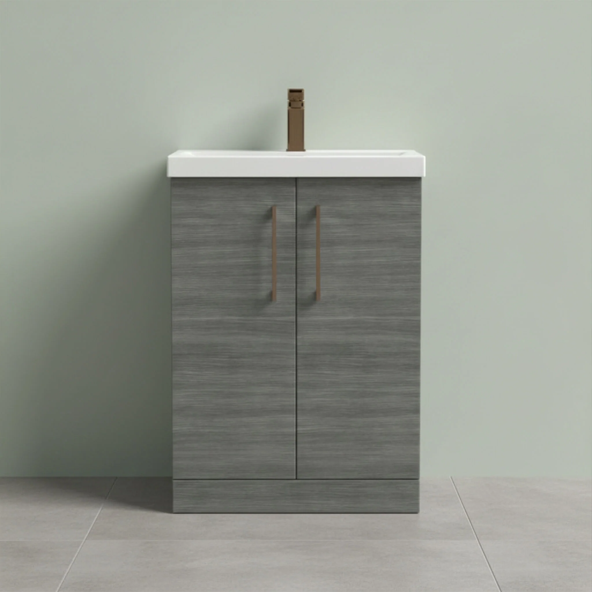 Balterley Level Contemporary Bathroom Floor Standing 2-Door Vanity Unit & Mid-Edge Basin, Anthracite Woodgrain, 600mm