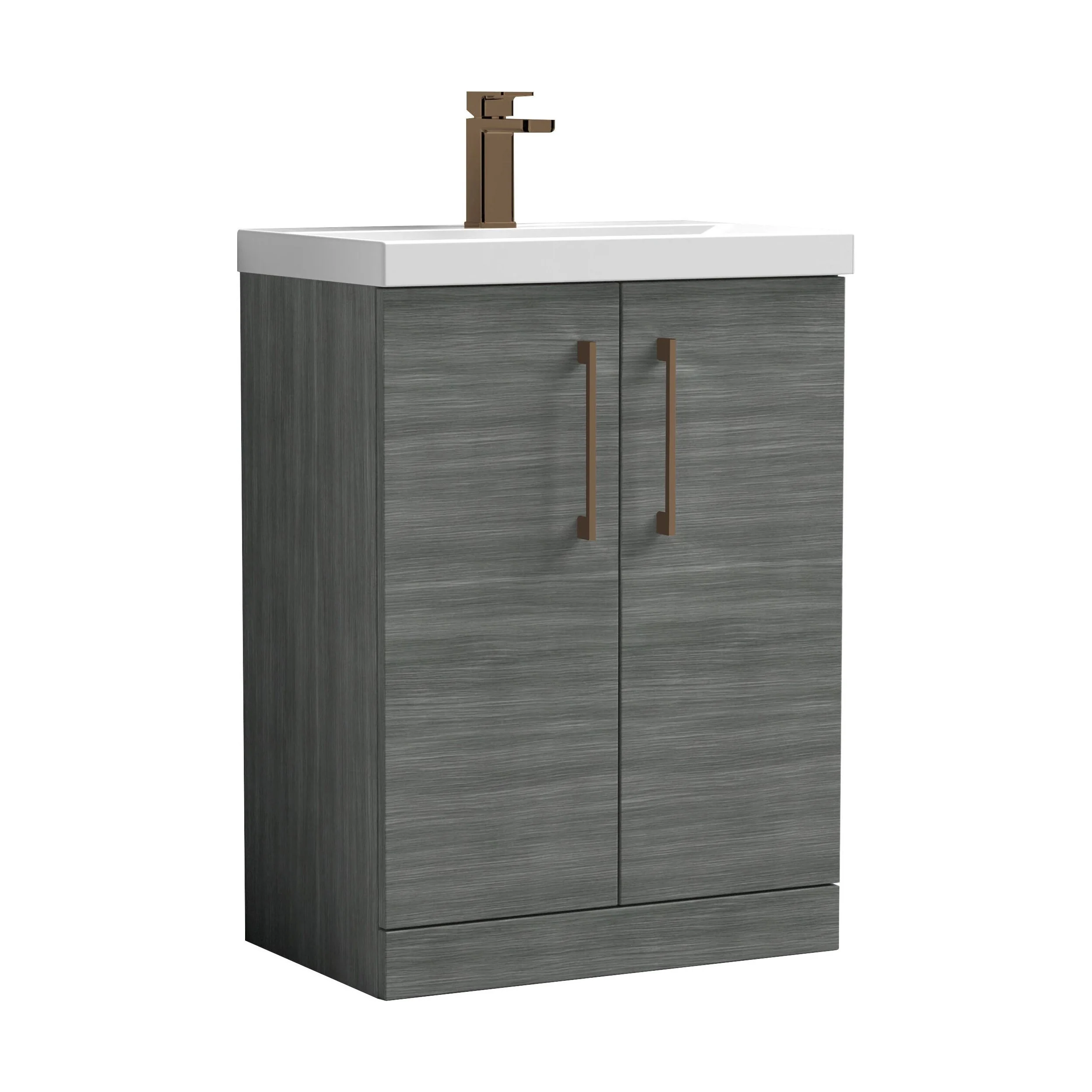 Balterley Level Contemporary Bathroom Floor Standing 2-Door Vanity Unit & Mid-Edge Basin, Anthracite Woodgrain, 600mm - Image 2