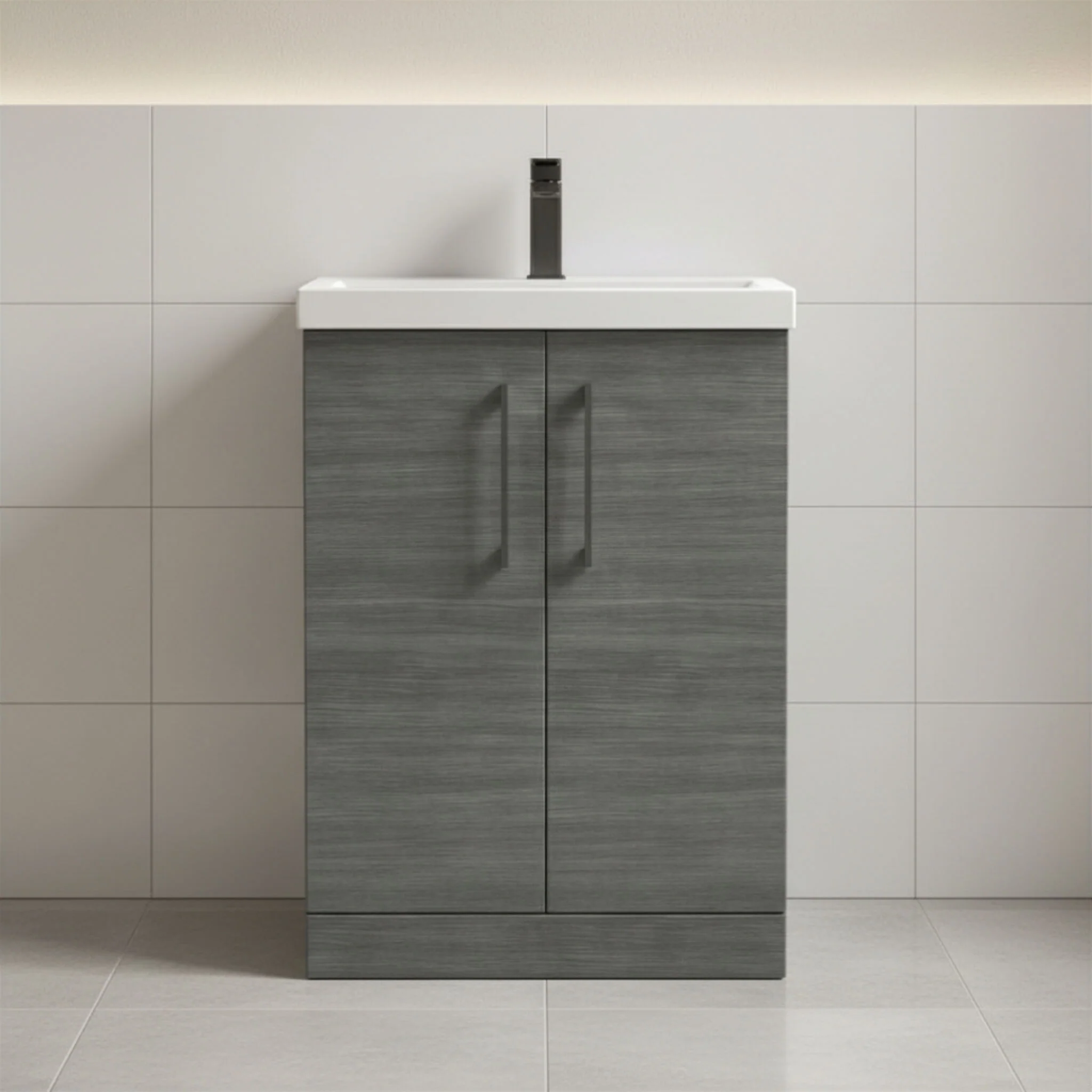 Balterley Level Contemporary Bathroom Floor Standing 2-Door Vanity Unit & Mid-Edge Basin, Anthracite Woodgrain, 600mm