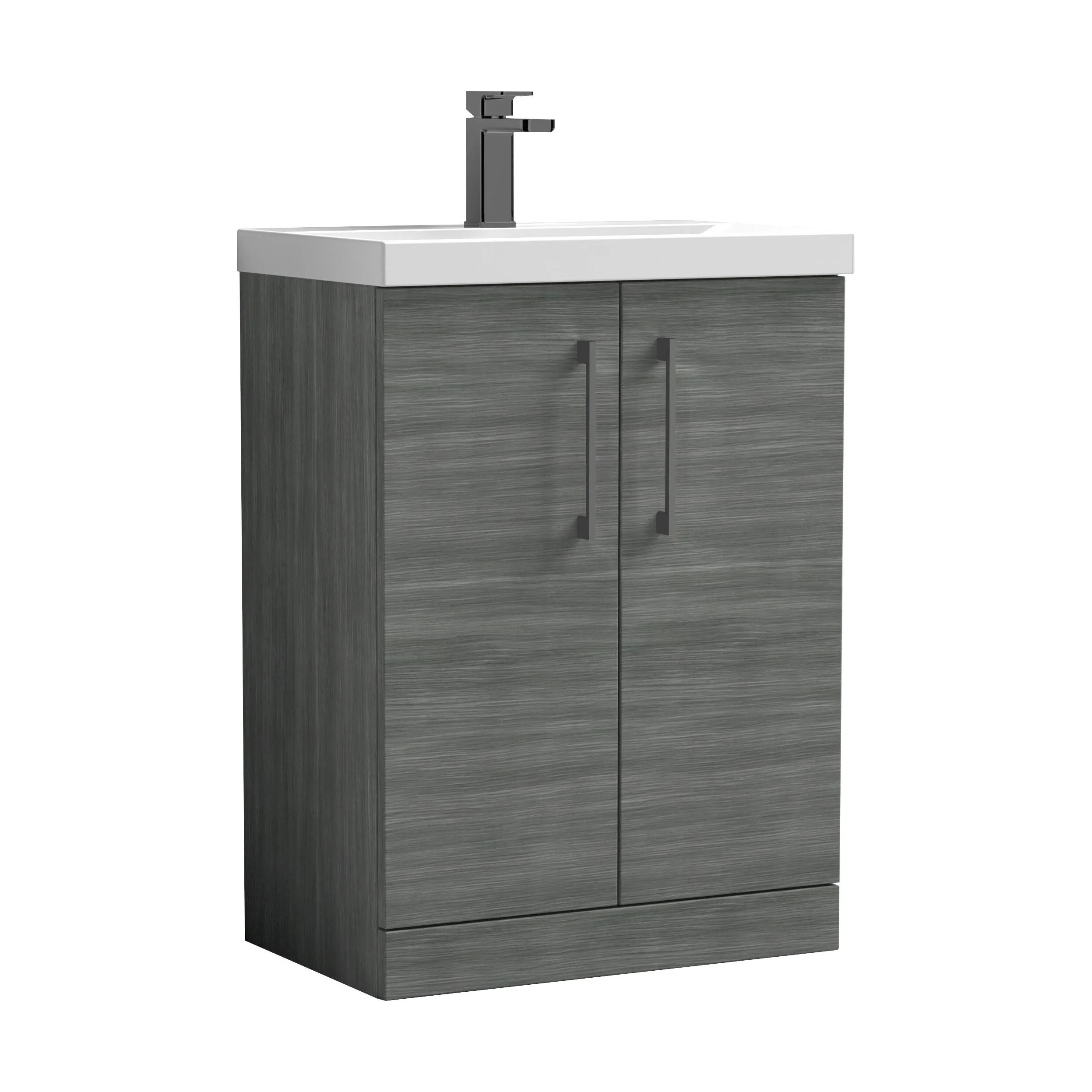 Balterley Level Contemporary Bathroom Floor Standing 2-Door Vanity Unit & Mid-Edge Basin, Anthracite Woodgrain, 600mm - Image 2
