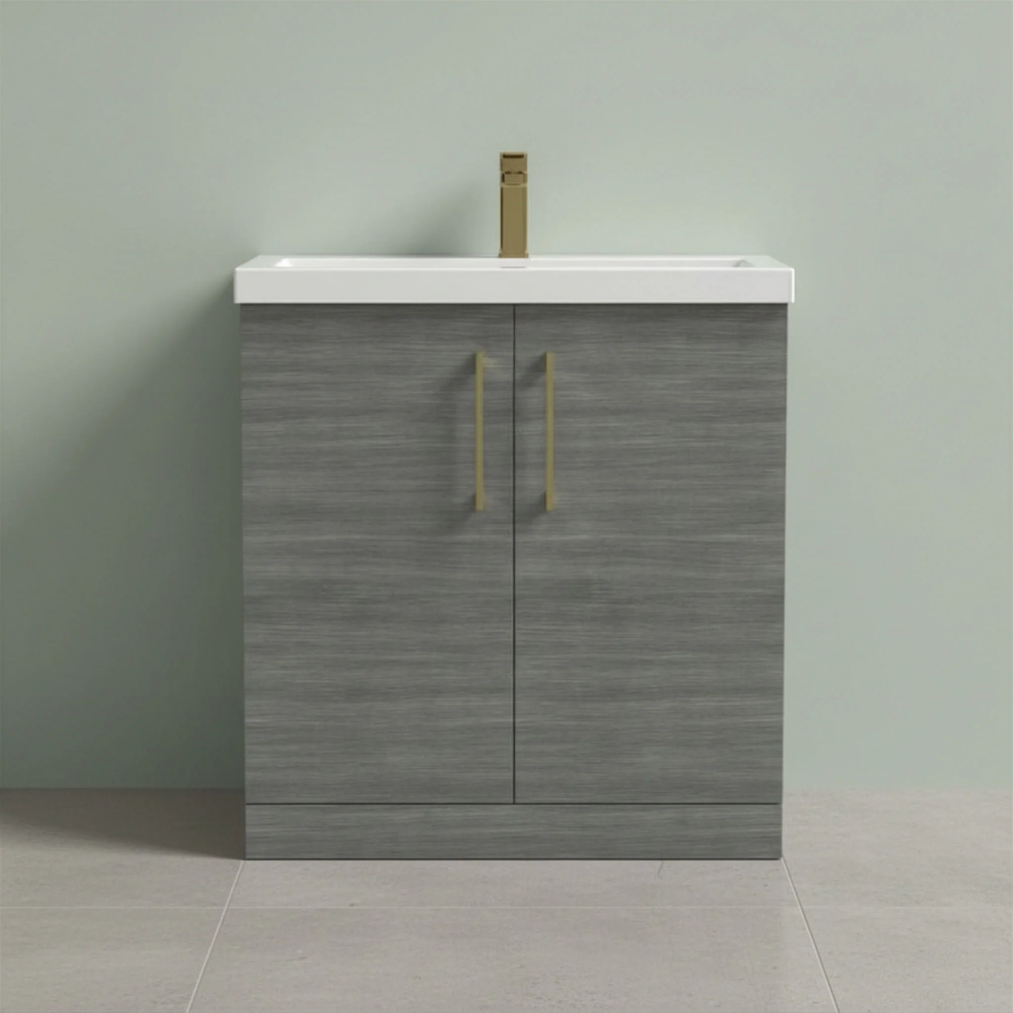Balterley Level Contemporary Bathroom Floor Standing 2-Door Vanity Unit & Mid-Edge Basin, Anthracite Woodgrain, 800mm