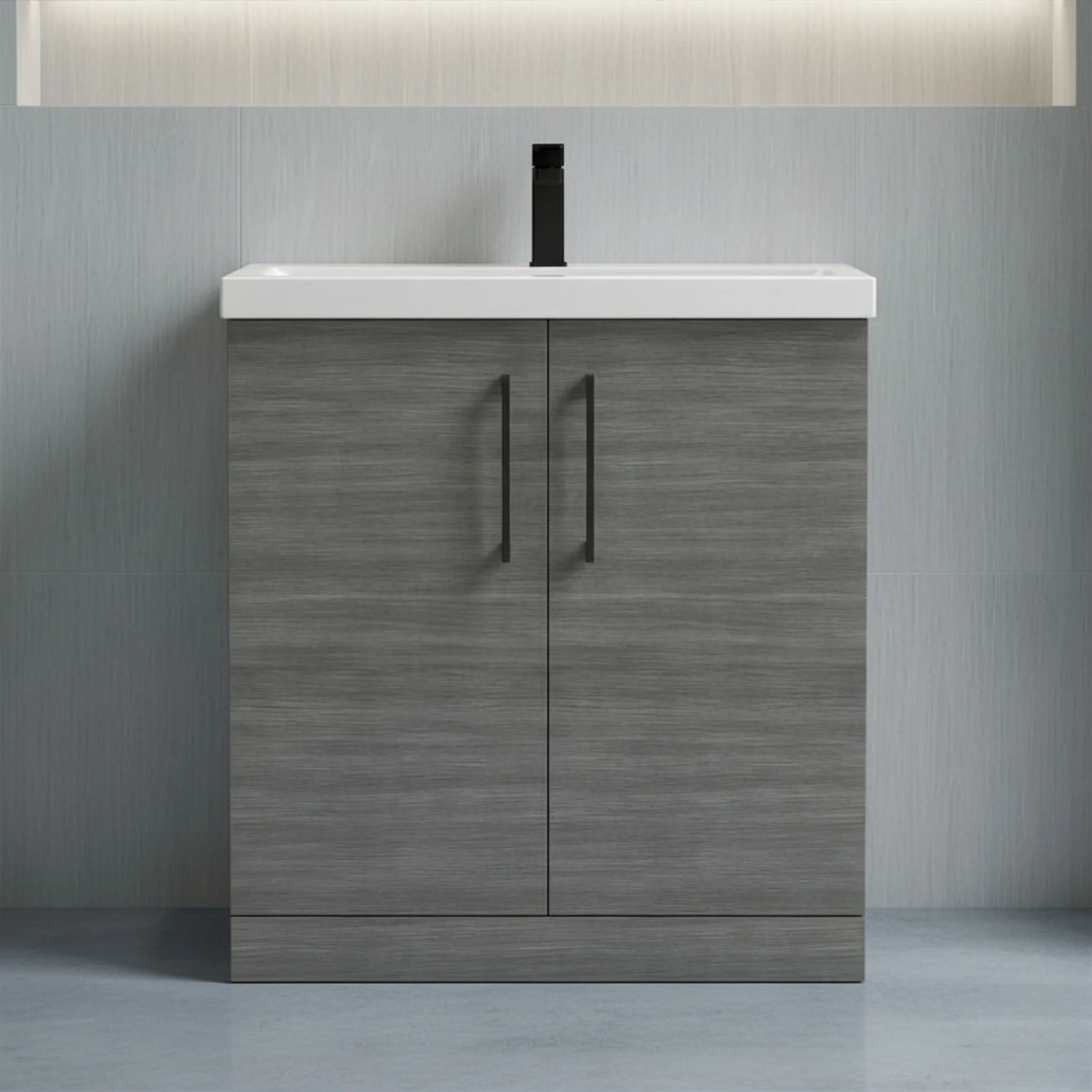 Balterley Level Contemporary Bathroom Floor Standing 2-Door Vanity Unit & Mid-Edge Basin, Anthracite Woodgrain, 800mm