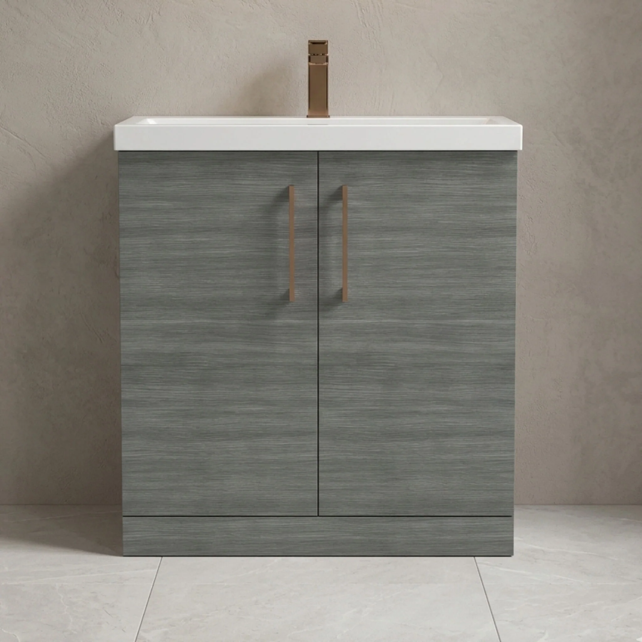 Balterley Level Contemporary Bathroom Floor Standing 2-Door Vanity Unit & Mid-Edge Basin, Anthracite Woodgrain, 800mm