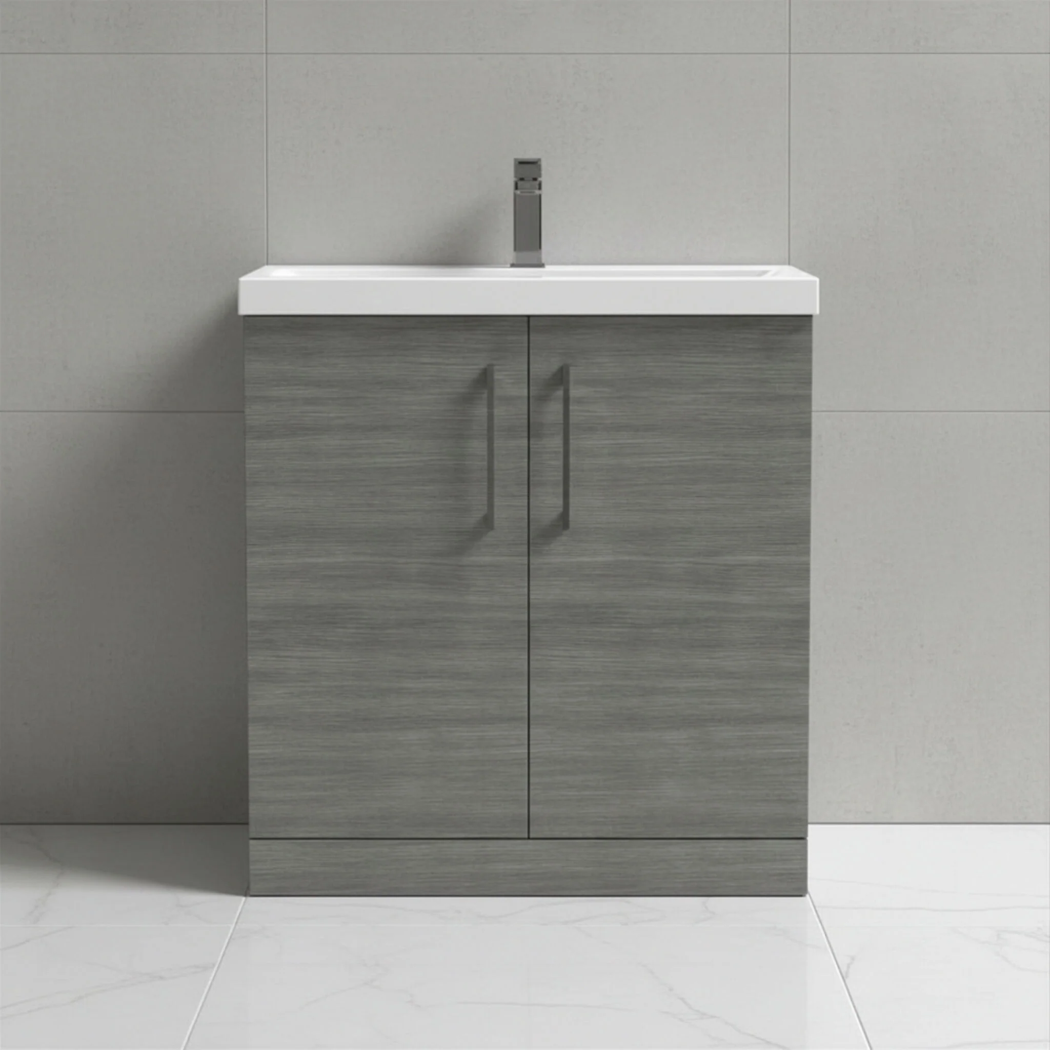 Balterley Level Contemporary Bathroom Floor Standing 2-Door Vanity Unit & Mid-Edge Basin, Anthracite Woodgrain, 800mm