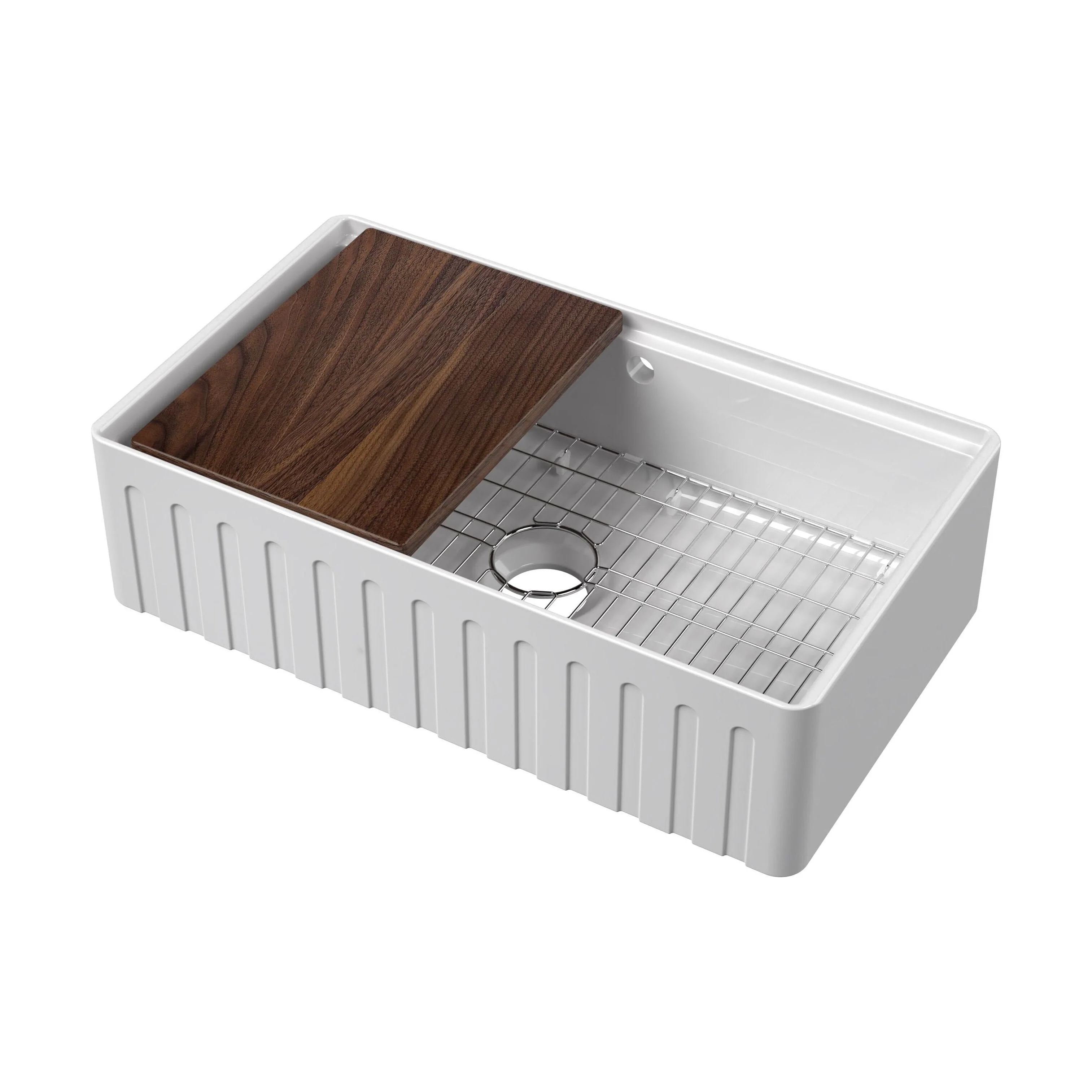 Balterley 1 Tap Hole Single Bowl 795 x 460 x 220mm Fireclay White Fluted Butler Sink With Ledge, Wire Grid And Chopping Board