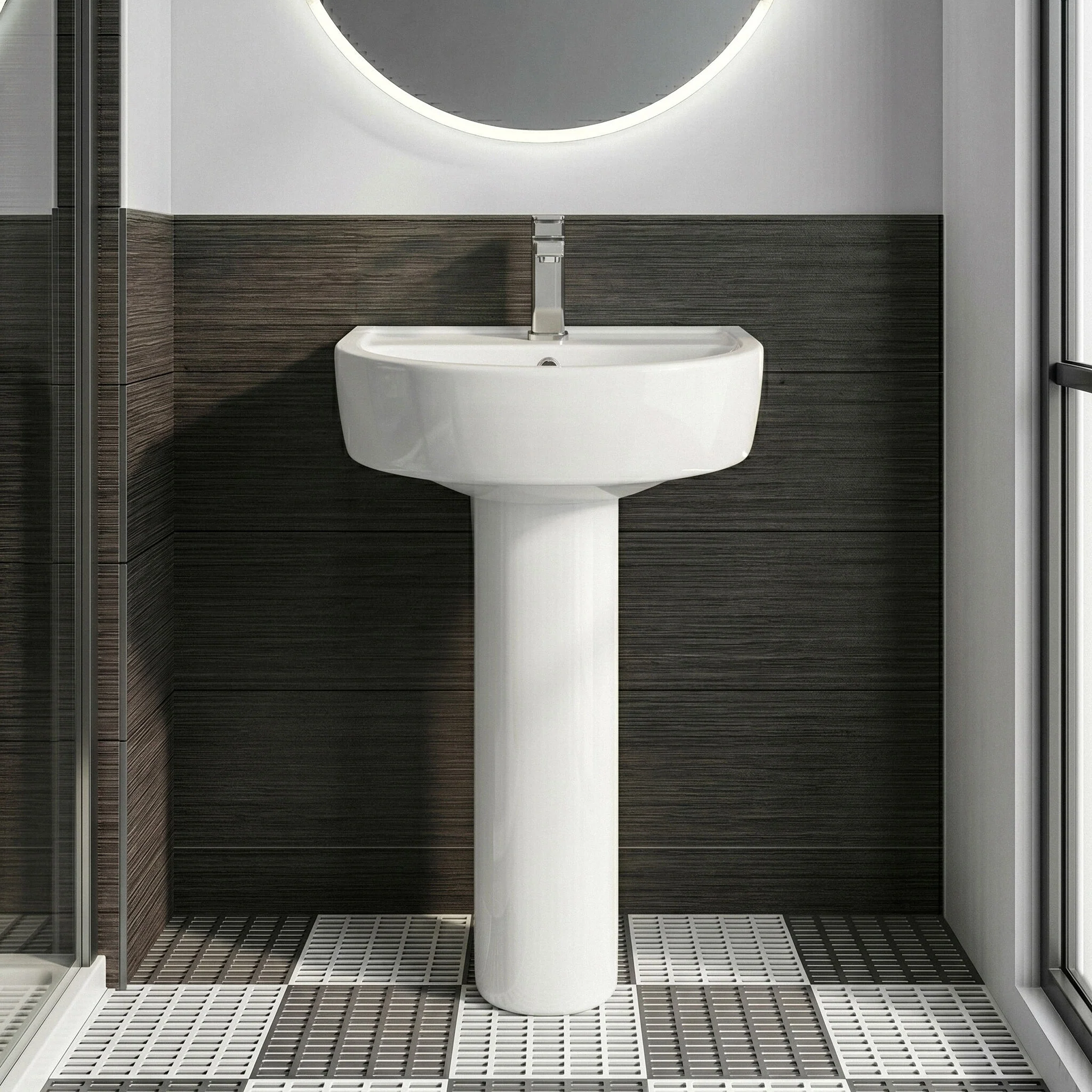 Dilhorne D Shaped 1 Tap Hole Ceramic Basin and Pedestal - 520mm or 420mm - Choice of Semi or Full Pedestal