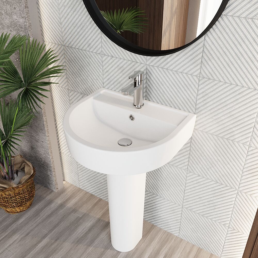 Dilhorne D Shaped 1 Tap Hole Ceramic Basin and Pedestal - 520mm or 420mm - Choice of Semi or Full Pedestal - Image 10