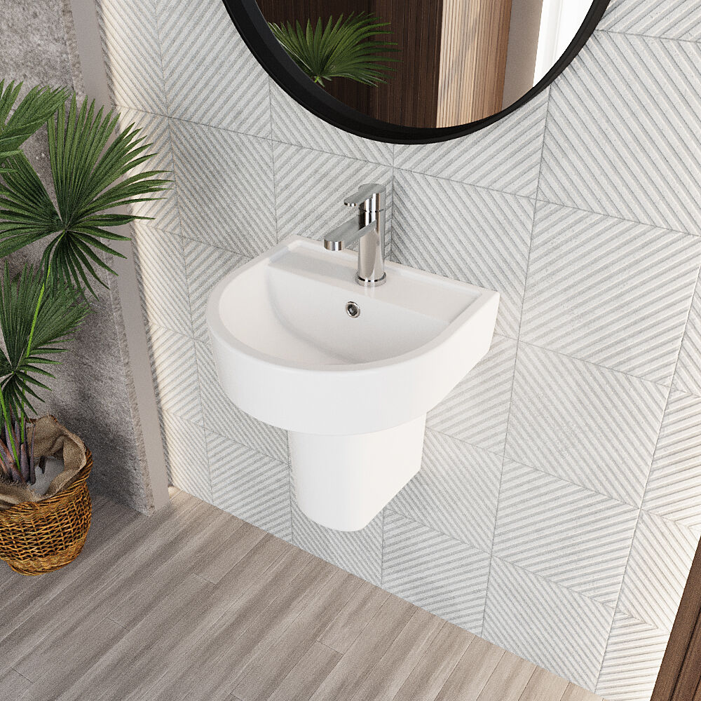 Dilhorne D Shaped 1 Tap Hole Ceramic Basin and Pedestal - 520mm or 420mm - Choice of Semi or Full Pedestal - Image 11