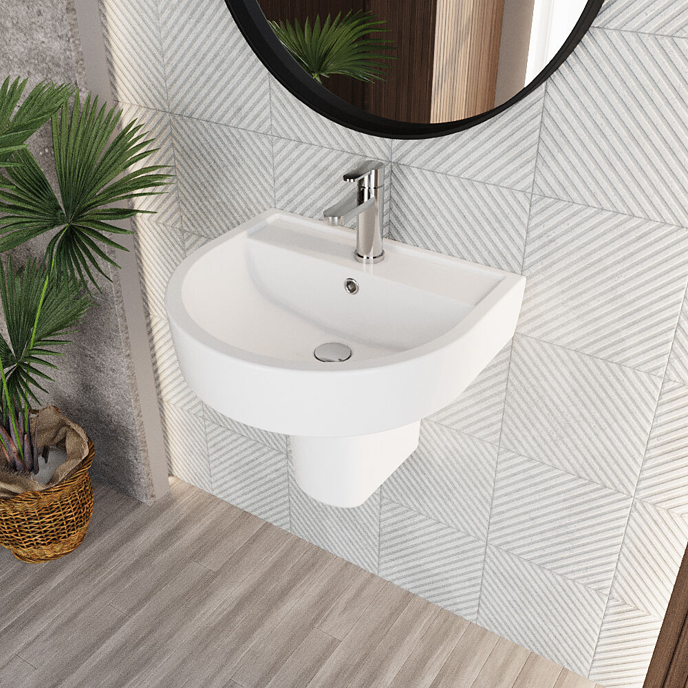 Dilhorne D Shaped 1 Tap Hole Ceramic Basin and Pedestal - 520mm or 420mm - Choice of Semi or Full Pedestal - Image 12
