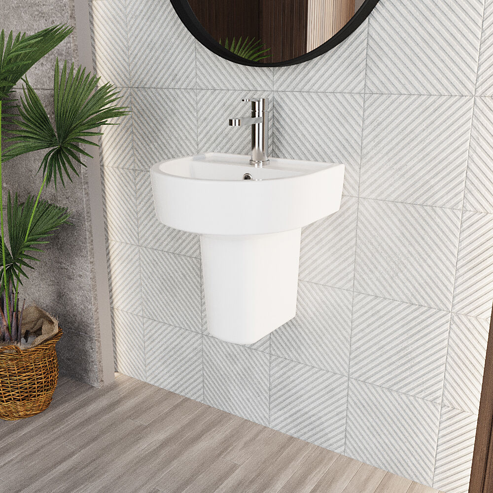 Dilhorne D Shaped 1 Tap Hole Ceramic Basin and Pedestal - 520mm or 420mm - Choice of Semi or Full Pedestal - Image 15
