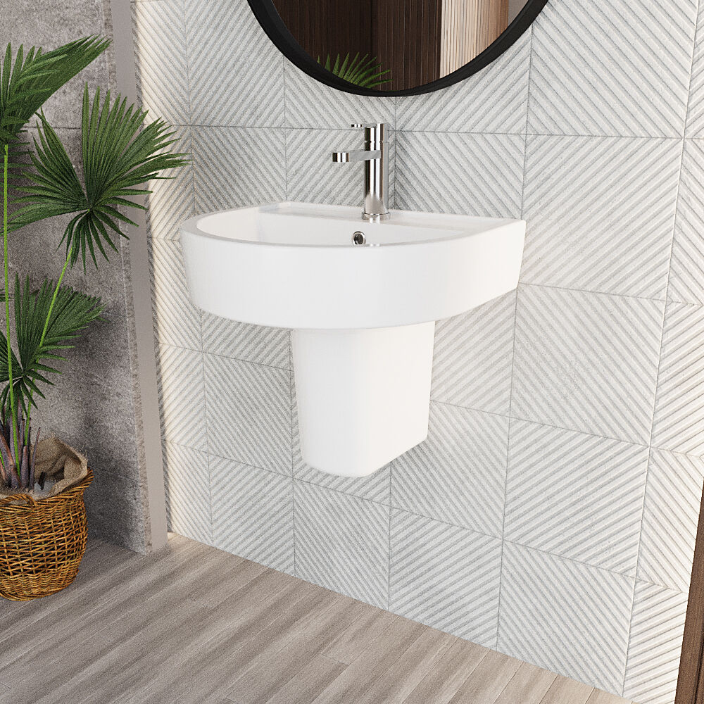 Dilhorne D Shaped 1 Tap Hole Ceramic Basin and Pedestal - 520mm or 420mm - Choice of Semi or Full Pedestal - Image 16