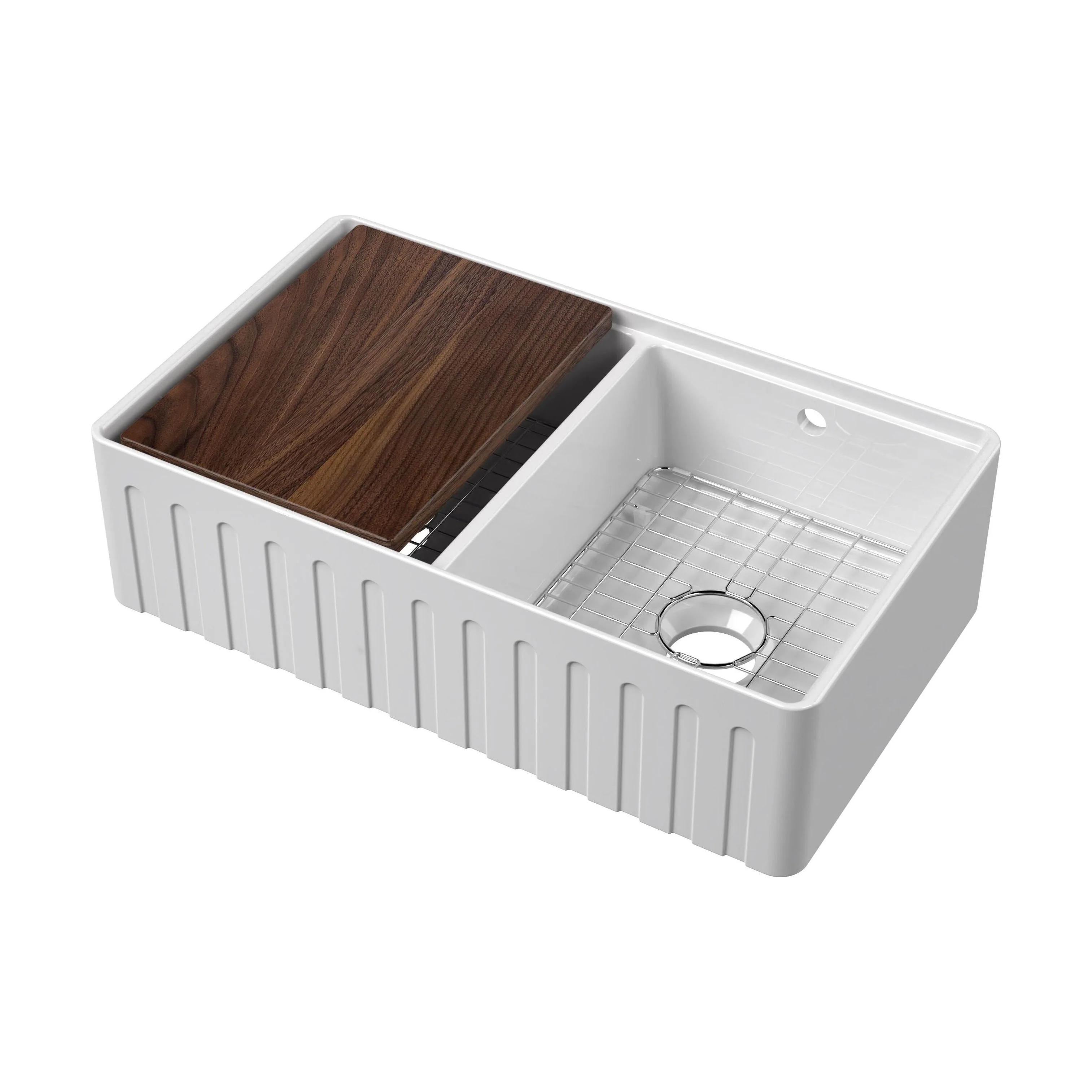 Balterley 2 Tap Holes Double Bowl 795 x 460 x 220mm Fireclay White Fluted Butler Sink With Ledge, Wire Grid And Chopping Board