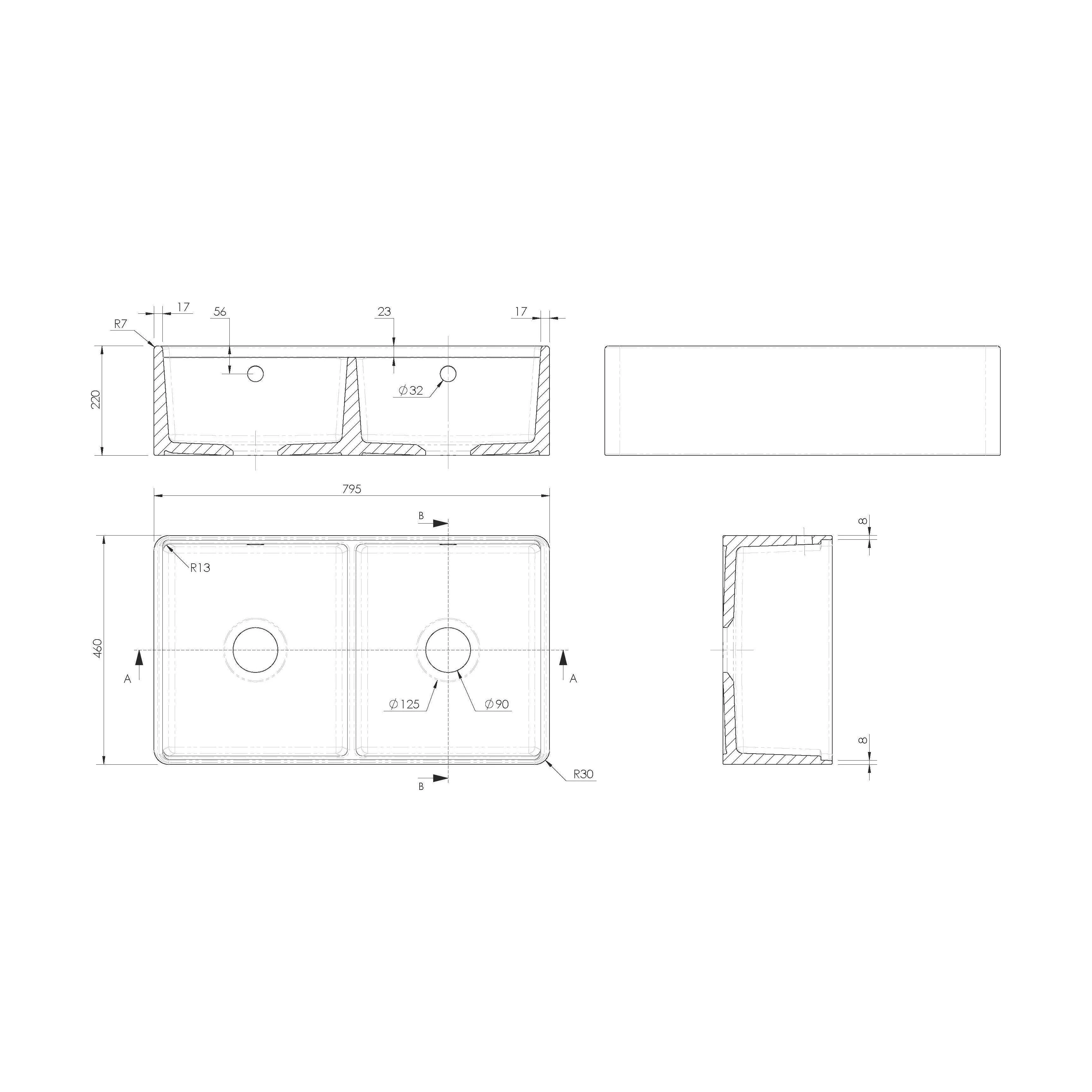 Balterley 2 Tap Holes Double Bowl 795 x 460 x 220mm Fireclay White Traditional Butler Sink - Image 2