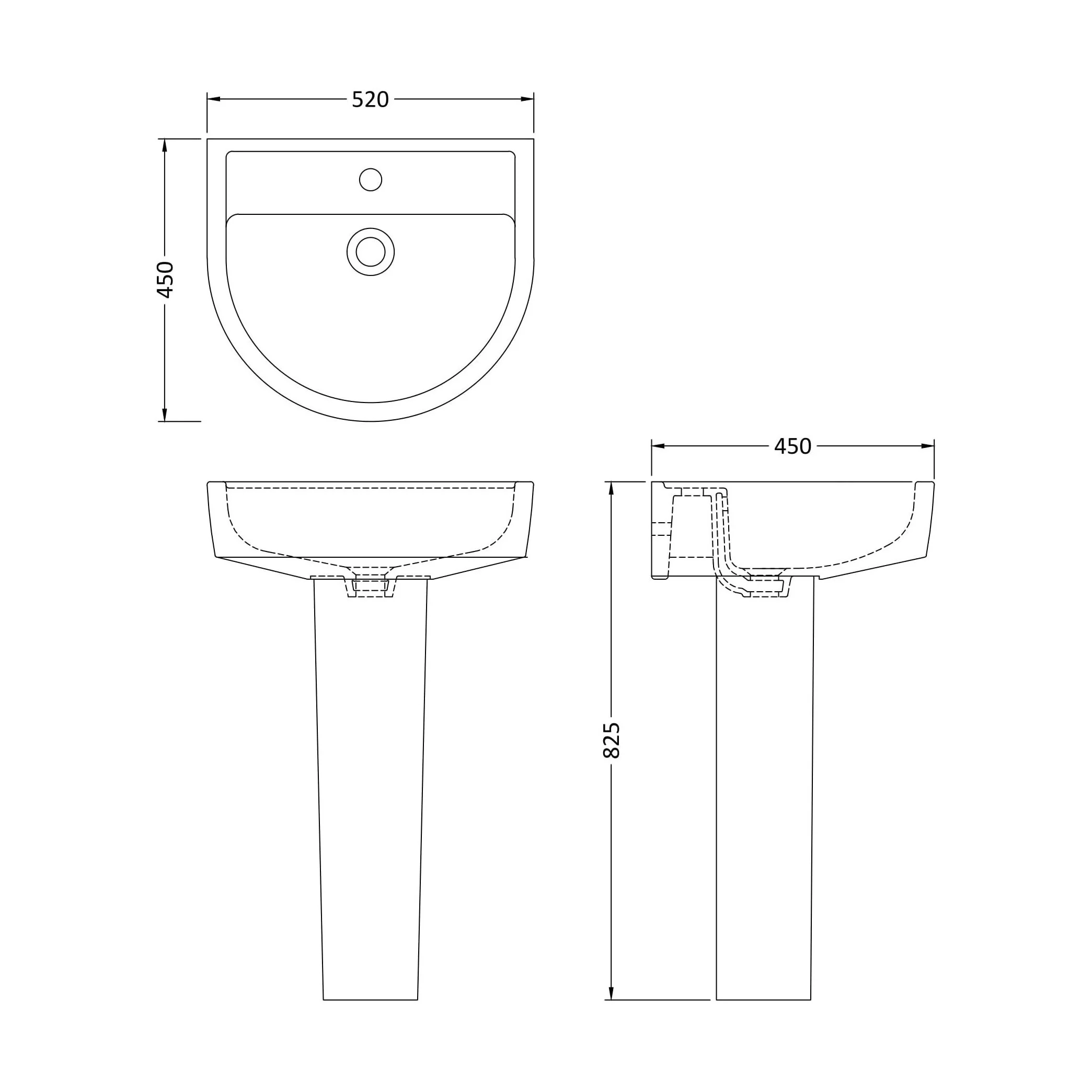 Dilhorne D Shaped 1 Tap Hole Ceramic Basin and Pedestal - 520mm or 420mm - Choice of Semi or Full Pedestal - Image 22