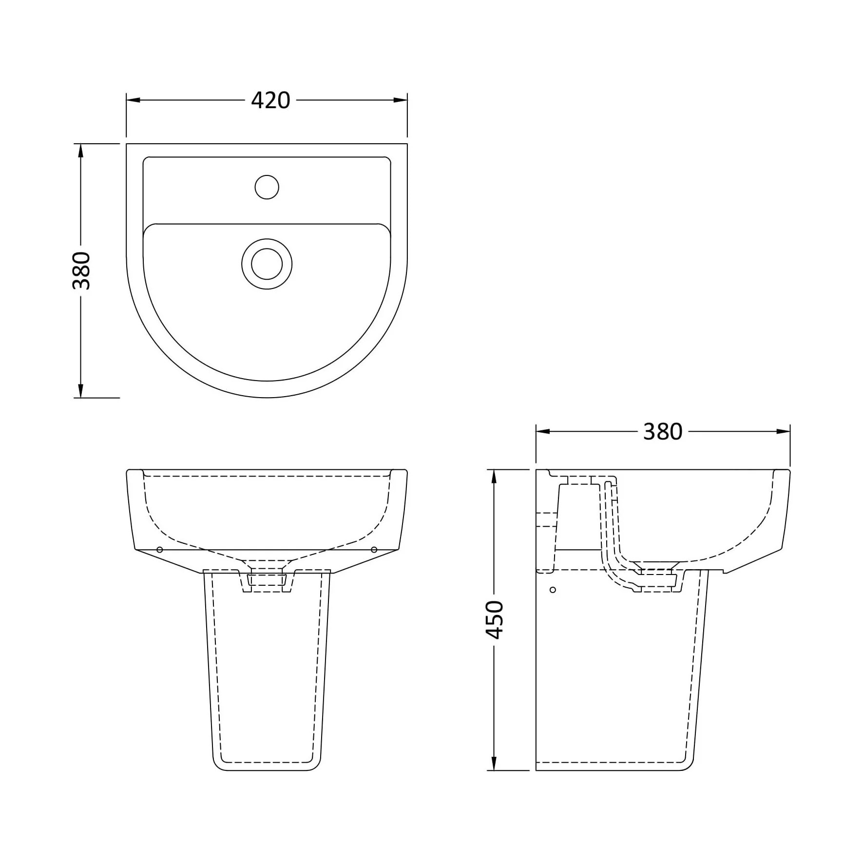 Dilhorne D Shaped 1 Tap Hole Ceramic Basin and Pedestal - 520mm or 420mm - Choice of Semi or Full Pedestal - Image 23