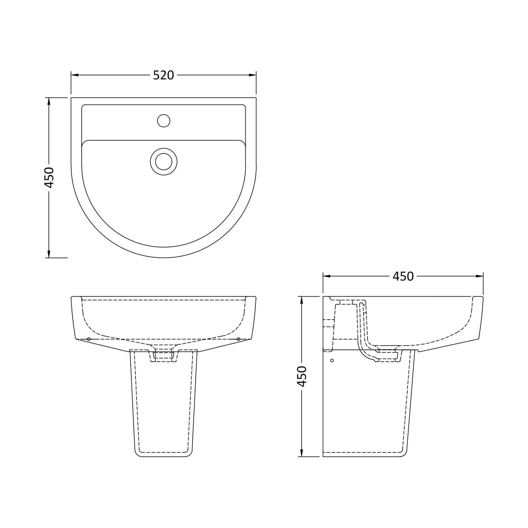 Dilhorne D Shaped 1 Tap Hole Ceramic Basin and Pedestal - 520mm or 420mm - Choice of Semi or Full Pedestal - Image 24