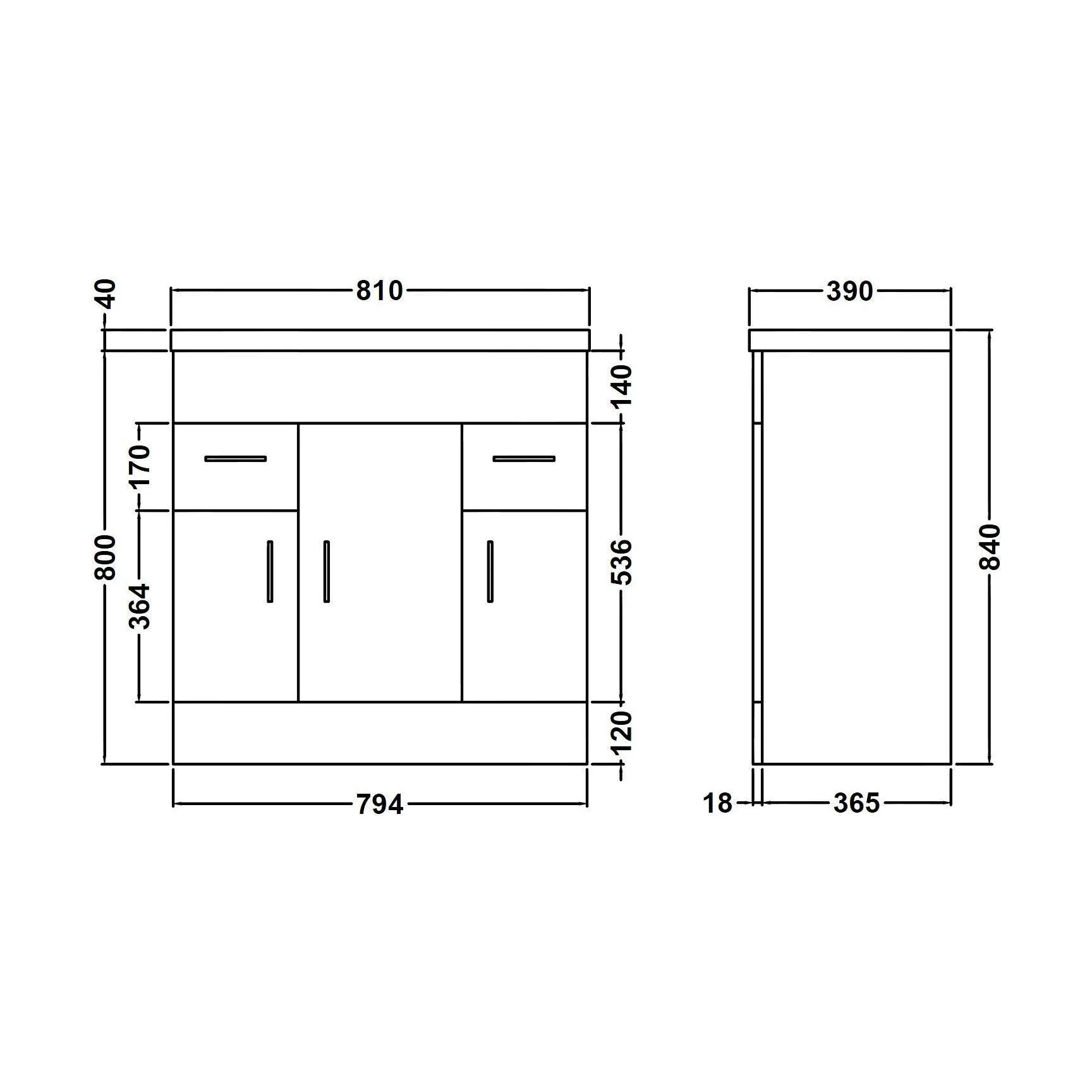 Balterley 800mm 3 Door 2 Drawer Gloss White Floor Standing Cabinet With Basin - Image 2