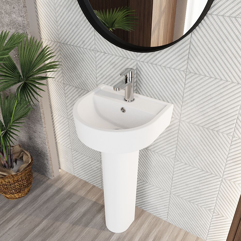 Dilhorne D Shaped 1 Tap Hole Ceramic Basin and Pedestal - 520mm or 420mm - Choice of Semi or Full Pedestal - Image 9