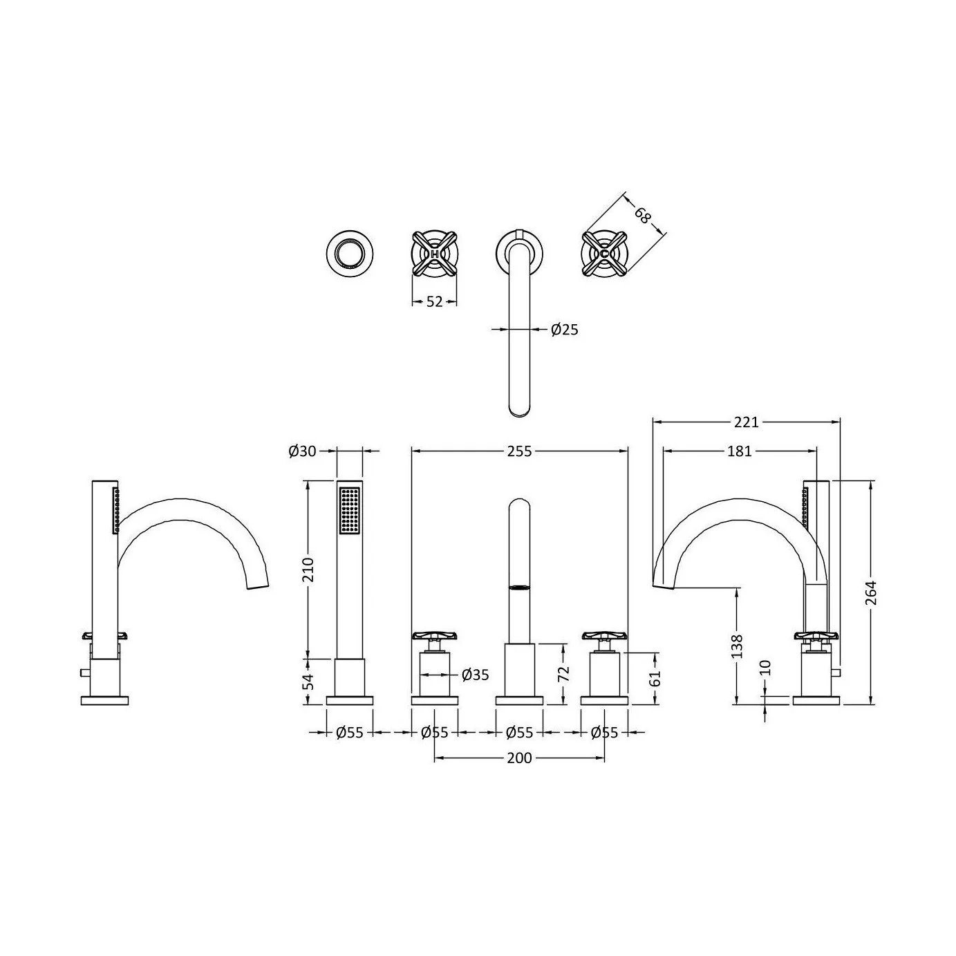 Levedale Crosshead Handle 4 Tap Hole Bath Shower Mixer Tap with Shower Kit, 236 x 345 x 207mm, Chrome - Image 2