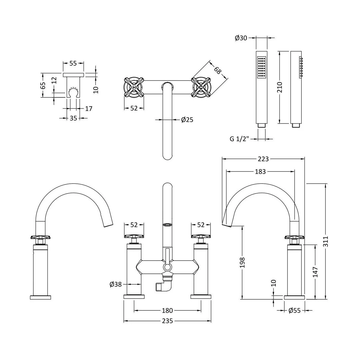 Levedale Crosshead Handle Deck Mounted Bath Shower Mixer Tap with Kit, 319 x 230 x 50mm, Chrome - Image 2