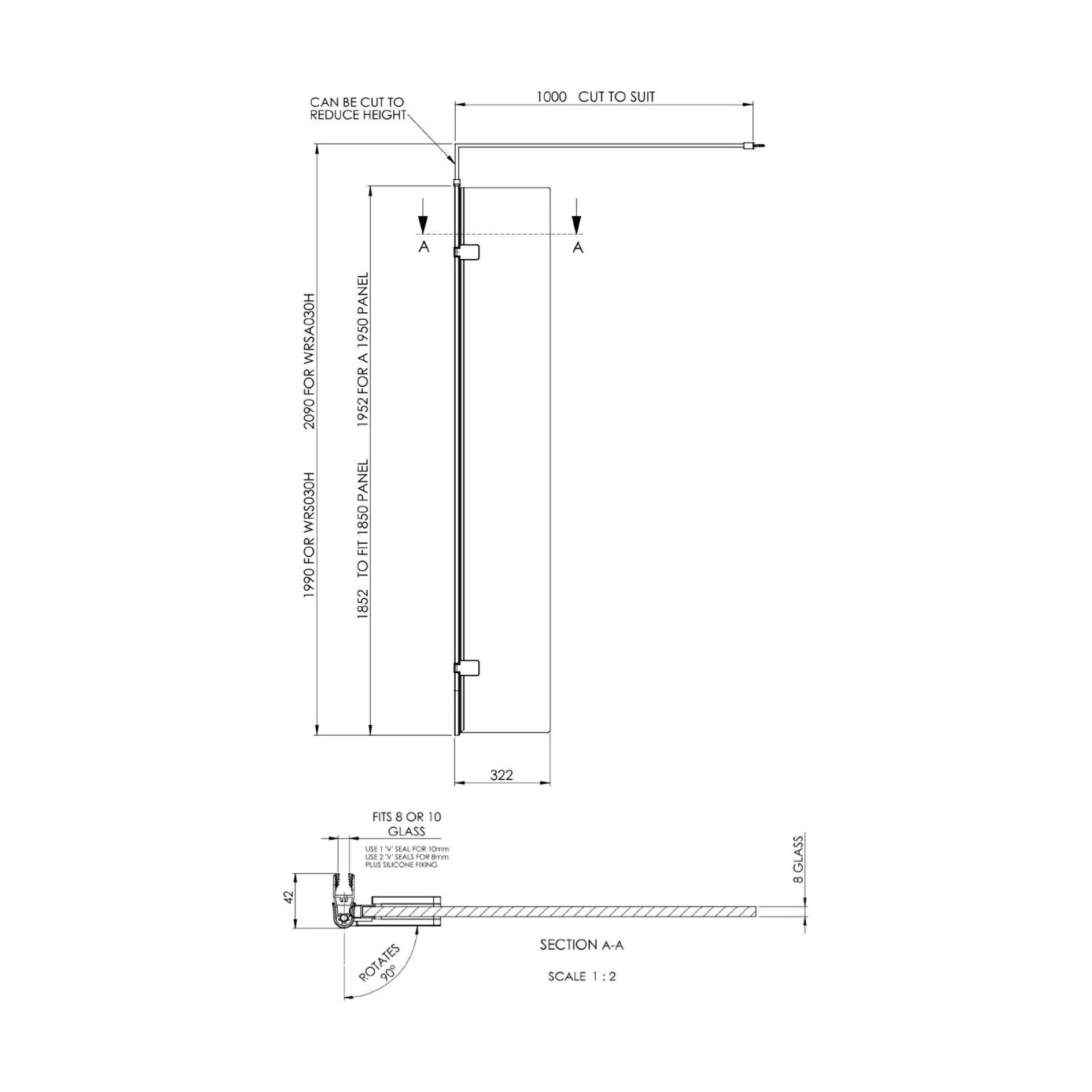 Balterley Contemporary Bathroom 8mm Glass Wetroom Swing Screen with Support Bar, Brushed Brass, 1950 x 322 x 27mm