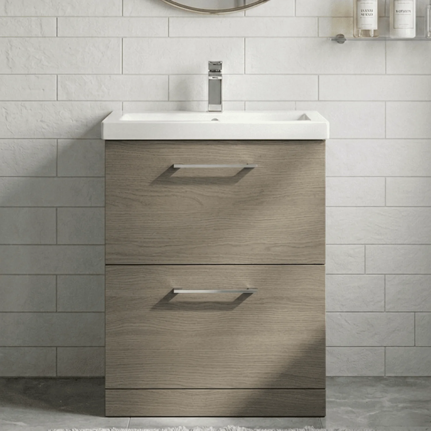 Balterley Contemporary Bathroom Floor Standing 2-Drawer Vanity Unit & Mid-Edge Ceramic Basin, Solace Oak, 600 mm