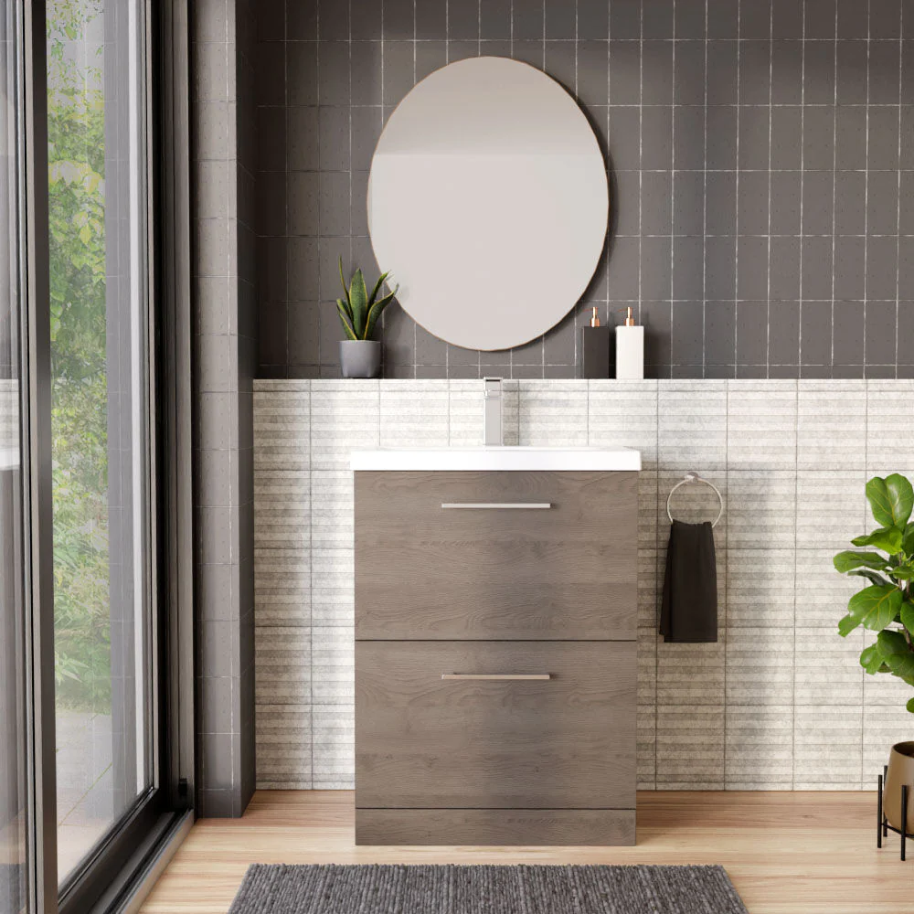 Balterley Contemporary Bathroom Floor Standing 2-Drawer Vanity Unit & Mid-Edge Ceramic Basin, Solace Oak, 600 mm - Image 2