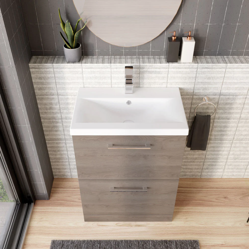 Balterley Contemporary Bathroom Floor Standing 2-Drawer Vanity Unit & Mid-Edge Ceramic Basin, Solace Oak, 600 mm - Image 3