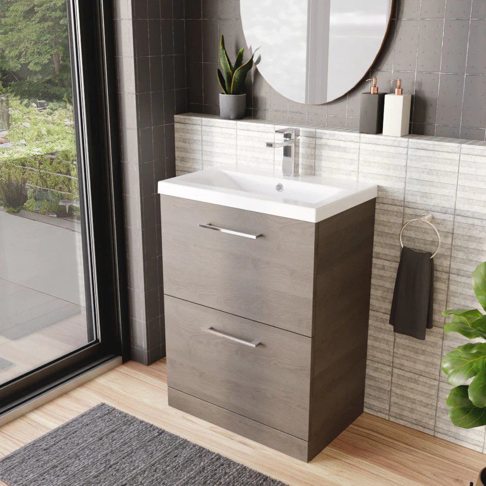 Balterley Contemporary Bathroom Floor Standing 2-Drawer Vanity Unit & Mid-Edge Ceramic Basin, Solace Oak, 600 mm - Image 4