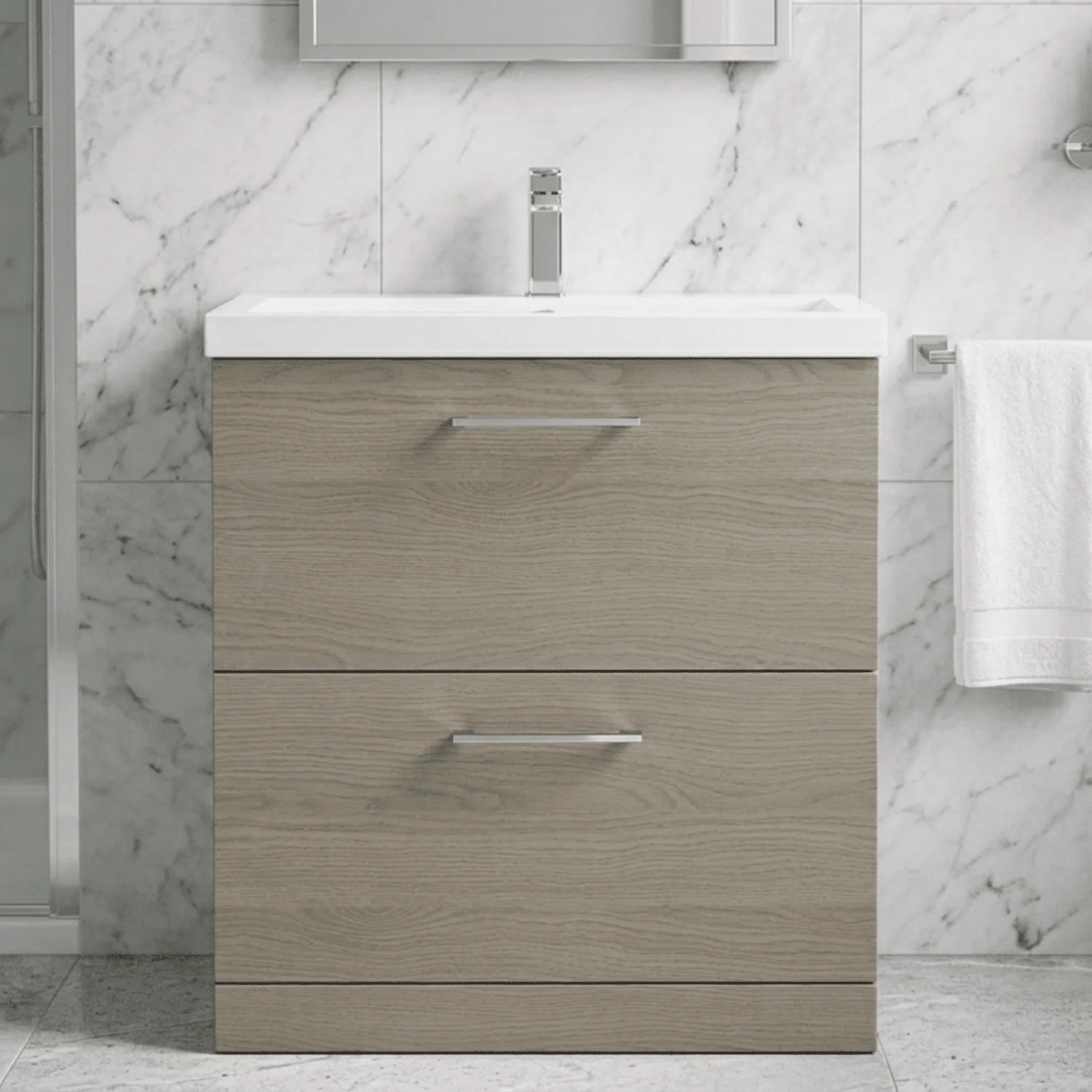 Balterley Contemporary Bathroom Floor Standing 2-Drawer Vanity Unit & Mid-Edge Ceramic Basin, Solace Oak, 800 mm