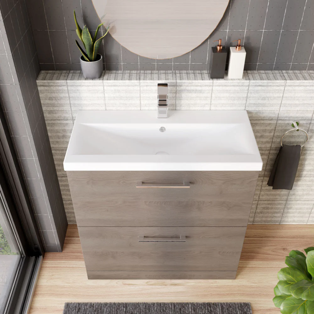 Balterley Contemporary Bathroom Floor Standing 2-Drawer Vanity Unit & Mid-Edge Ceramic Basin, Solace Oak, 800 mm - Image 3