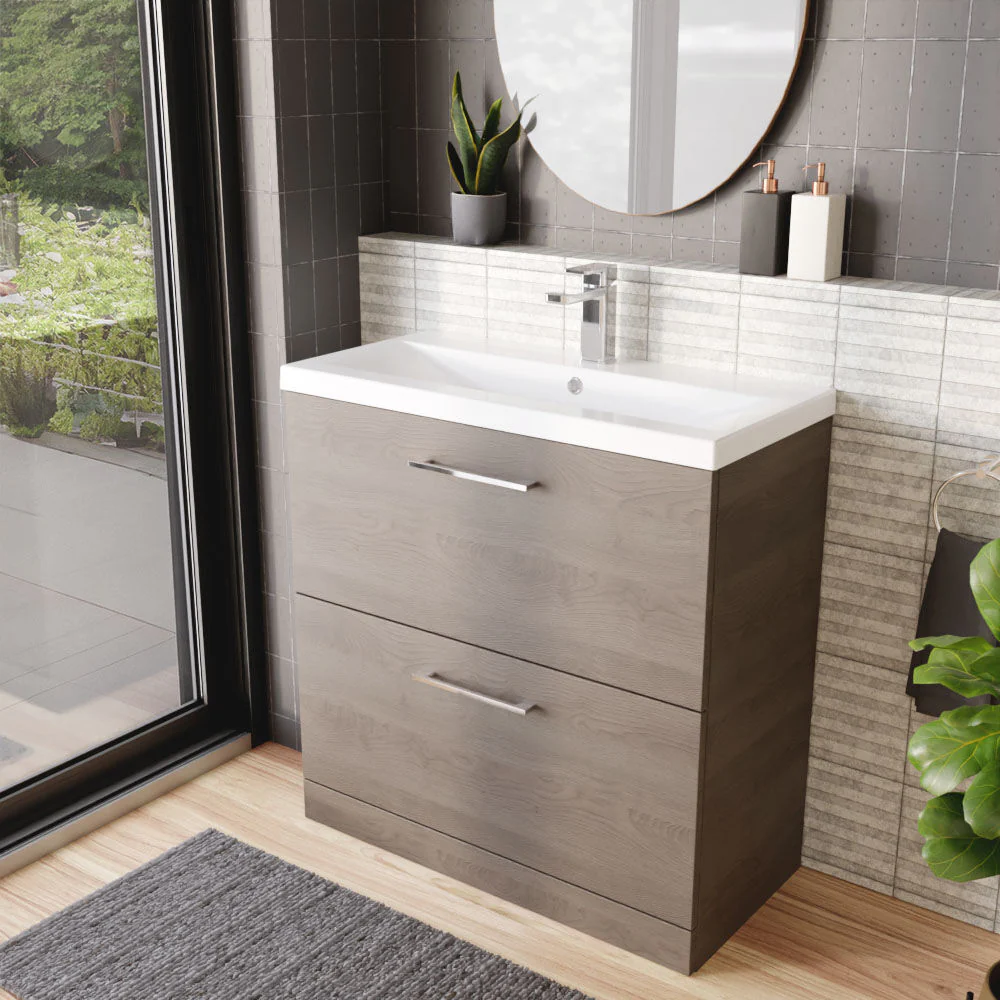 Balterley Contemporary Bathroom Floor Standing 2-Drawer Vanity Unit & Mid-Edge Ceramic Basin, Solace Oak, 800 mm - Image 4