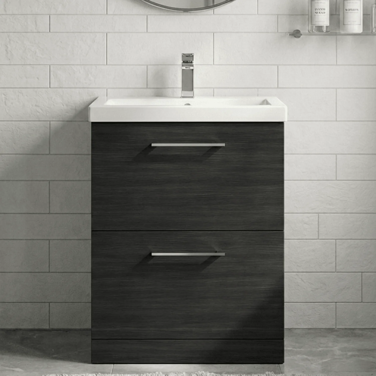 Balterley Contemporary Bathroom Floor Standing 2 Soft-Close Drawer Vanity Unit & Mid-Edge Basin, Charcoal Black, 600 mm