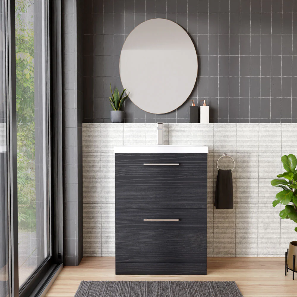 Balterley Contemporary Bathroom Floor Standing 2 Soft-Close Drawer Vanity Unit & Mid-Edge Basin, Charcoal Black, 600 mm - Image 2
